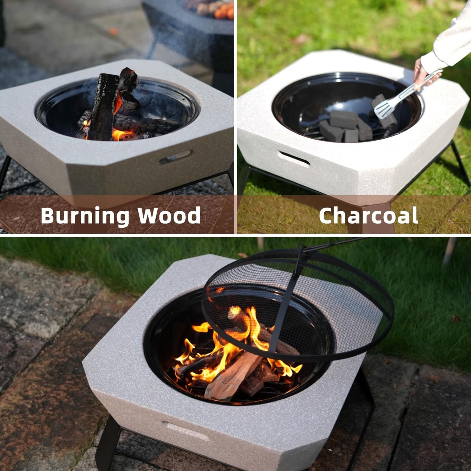 Fire Pits for Outside Wood Burning with Grill,Outdoor Round Firepit with Fire Poker,Spark Screen,2-in-1 Fire Pit for for Bonfire,Patio,Backyard,Garden,Picnic (Grey, 24.41 inch)