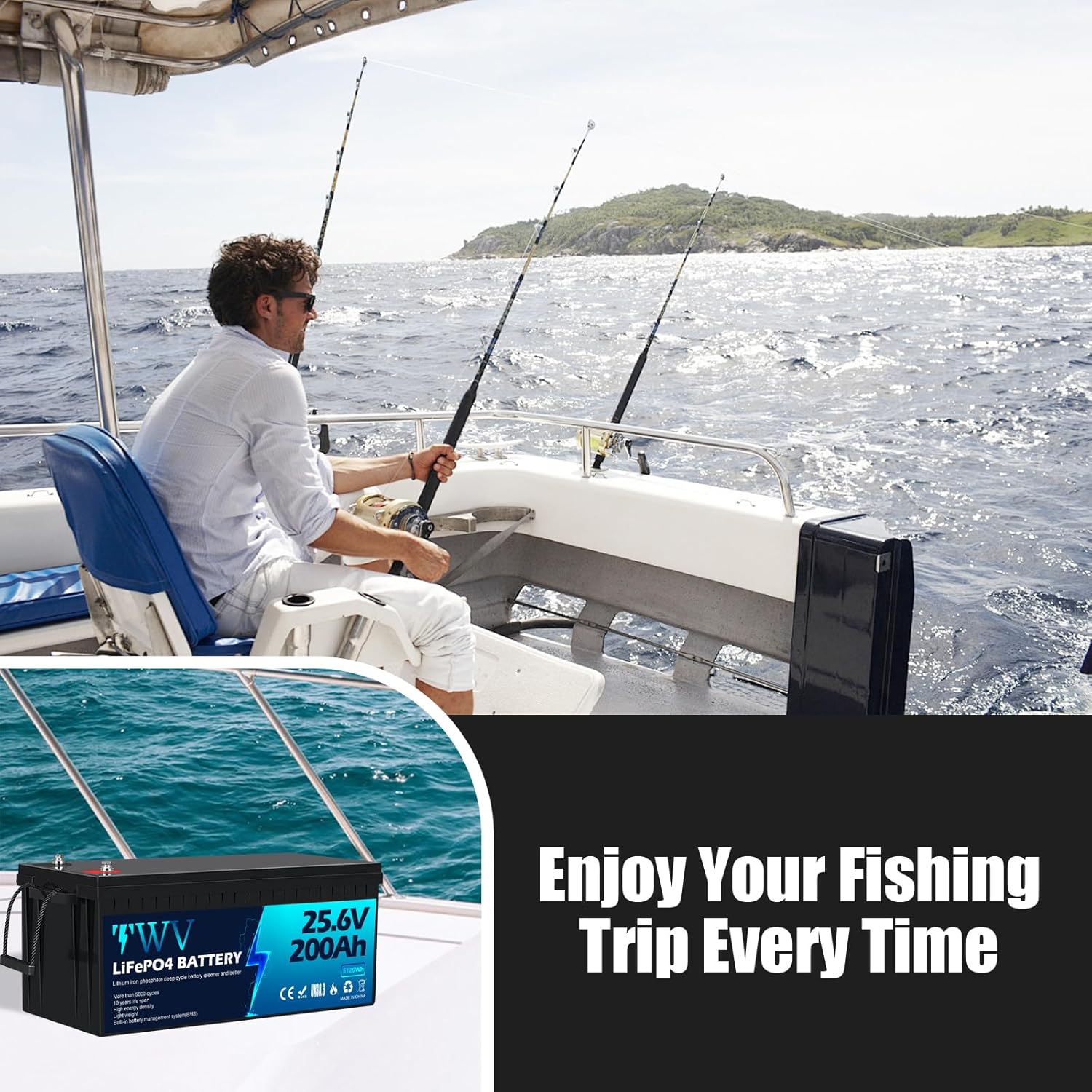 24V 200Ah LiFePO4 Battery, 5000+ Deep Cycle Lithium Battery, Built-in 200A BMS, Max. 5120Wh Energy, Perfect for Marine, Kayak, Trolling Motor, Boat, RV, Off-Grid, Solar Home System