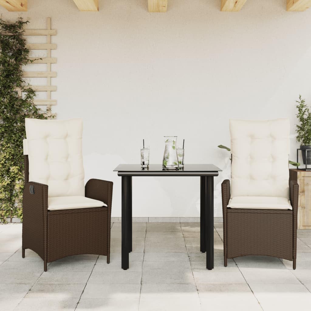 3 Piece Patio Dining Set with Cushions Brown Poly Rattan,Outdoor Dining Set with Adjustable Reclining Rattan Chairs and Glass Table Furniture Sets for Patio, Lawn & Garden