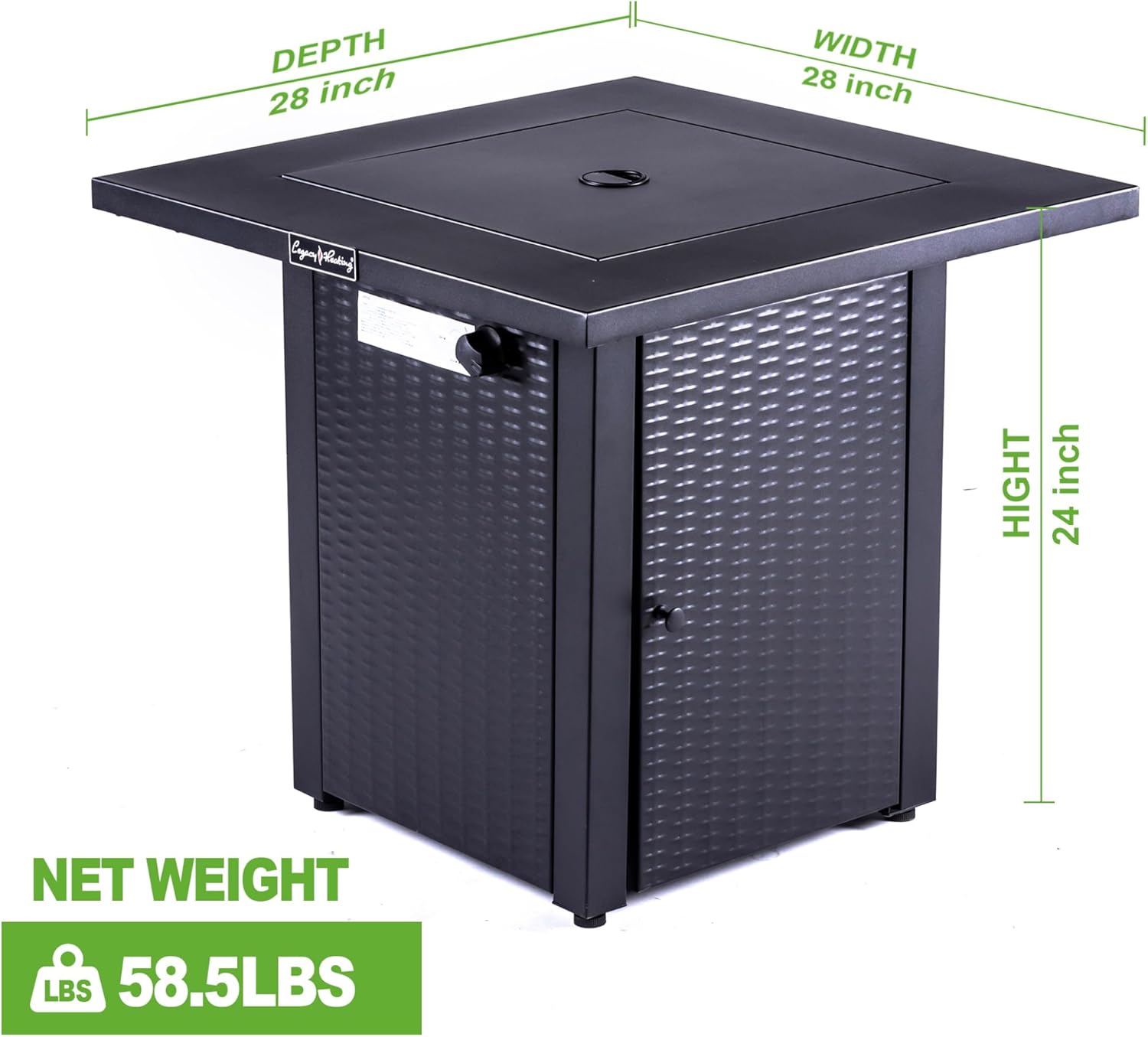 28 Inch Outdoor Square Propane Fire Pit Table, Wicker-Look Gas Fire Pit with 50,000 BTU Heat Output, Rust-Resistant Steel, Outdoor Dining and Heating Table with Lava Rocks and Lid