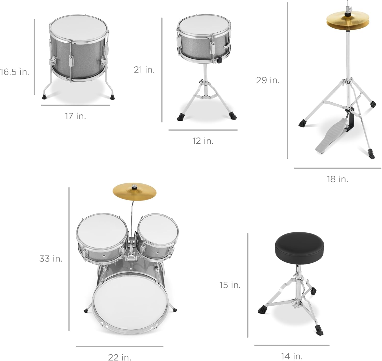 Best Choice Products Kids 5-Piece Beginner Drum Set Junior Kit, Starter Percussion w/Cymbals, Pedal, Toms, Snare, Drumsticks, Stool - Silver Sparkle