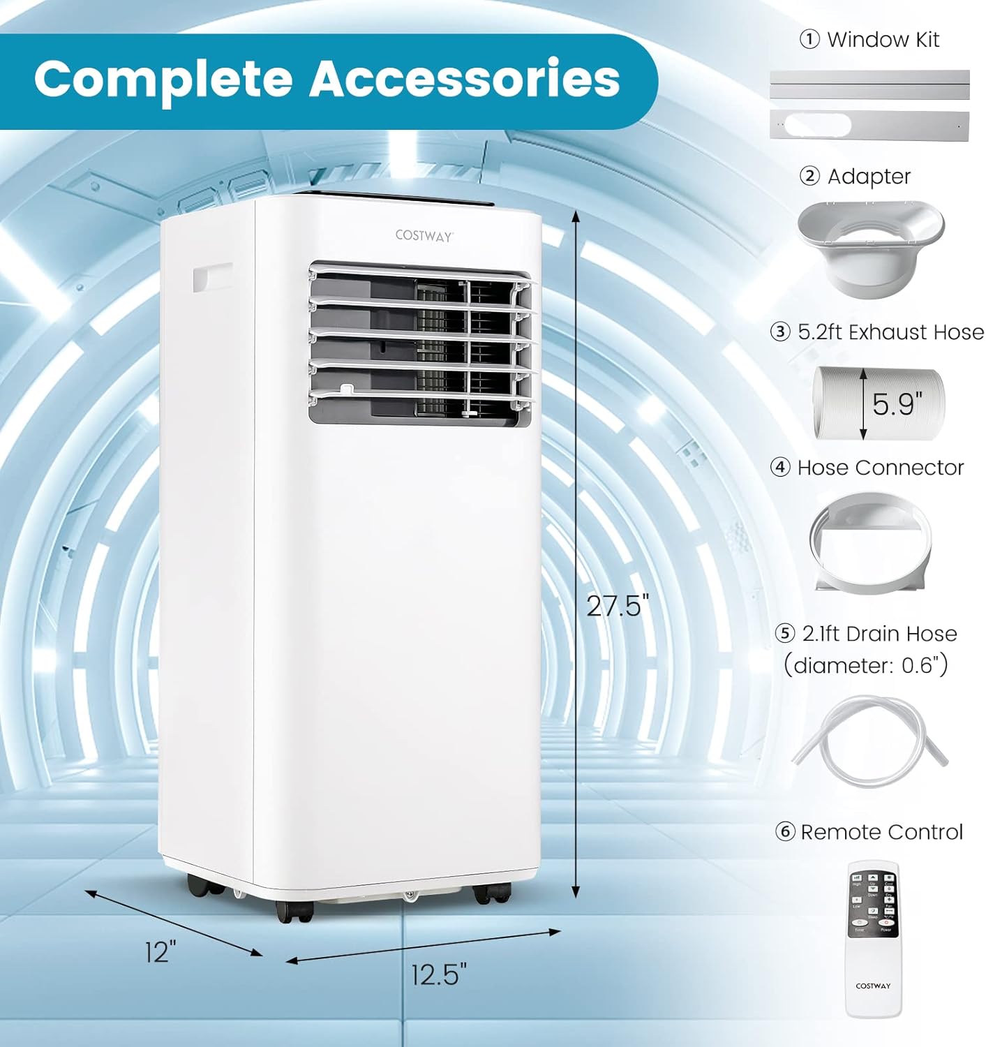 COSTWAY 8000 BTU Portable Air Conditioner, 3 in 1 AC Unit, Fan & Dehumidifier w/Sleep Mode, 24H Timer, LED Display, Child Lock, Remote Control & Window Kit for Bedroom, Office, Dorm (8000BTU)