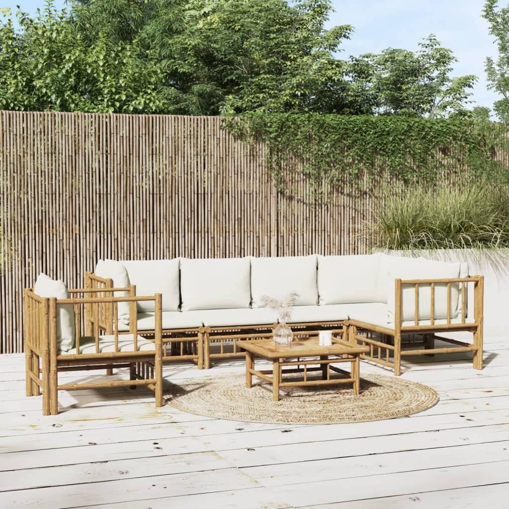 7 Piece Patio Lounge Set with Cream White Cushions Bamboo,Elegant Bamboo Patio Lounge Set for Cozy Outdoor Gatherings Patio Furniture Sets, Outdoor Furniture Sets