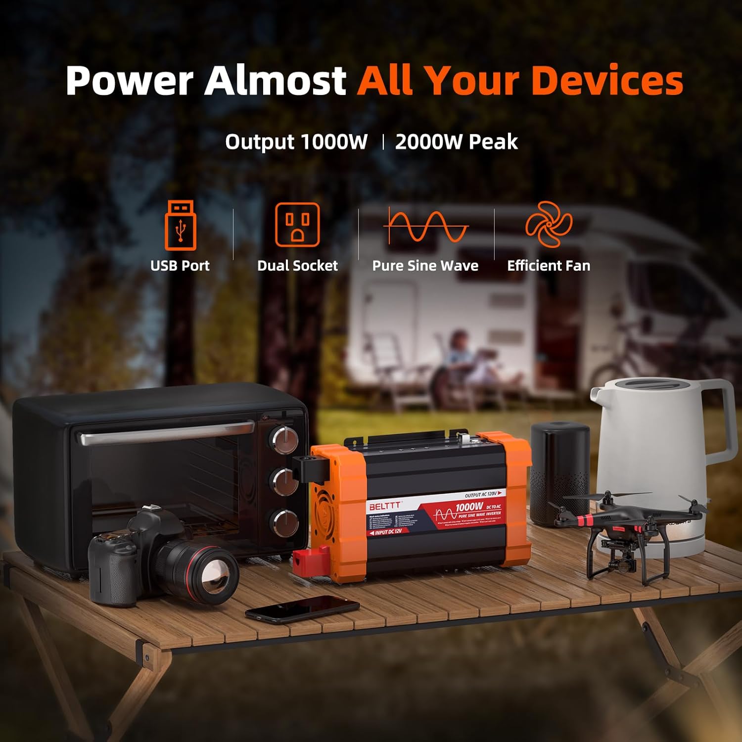 BELTTT 1000Watt Pure Sine Wave Inverter 12V DC to 120V AC for RV, Truck, Off-Grid Solar Car Power Inverter 12V to 110V Converter with Dual AC Socket and 5V 2.1A USB, Intelligent LCD, 2000W Peak