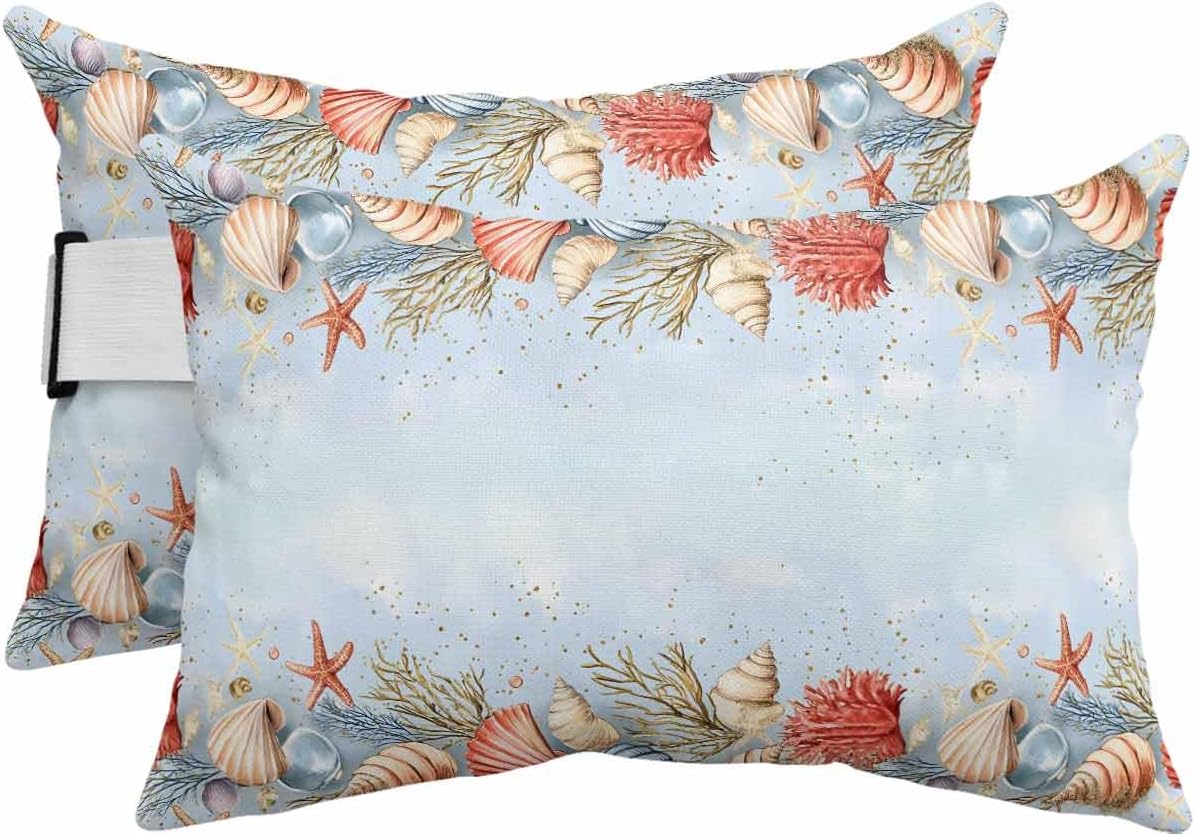 Outdoor Pillow for Chaise Lounge Chair Marine Life Waterproof Lumbar Pillow with Insert Starfish Shell Coral Headrest Pillow with Adjustable Elastic Stripe for Recliner Beach Garden Patio 12x20 Inch