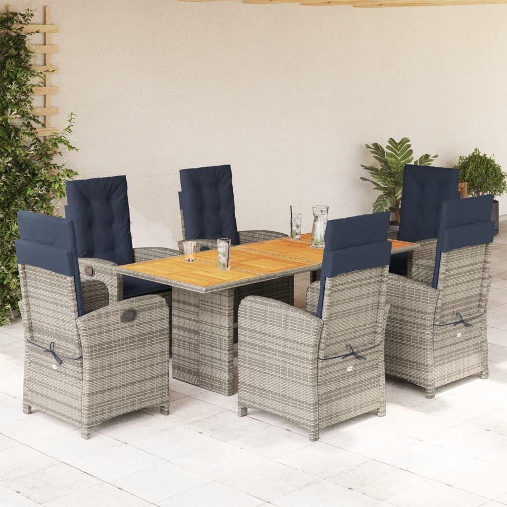 7 Piece Patio Dining Set with Cushions Beige Poly Rattan,Comfortable Patio Furniture Set with Foldable PE Rattan Chairs and Acacia Wood Table Furniture Sets for Patio, Lawn & Garden