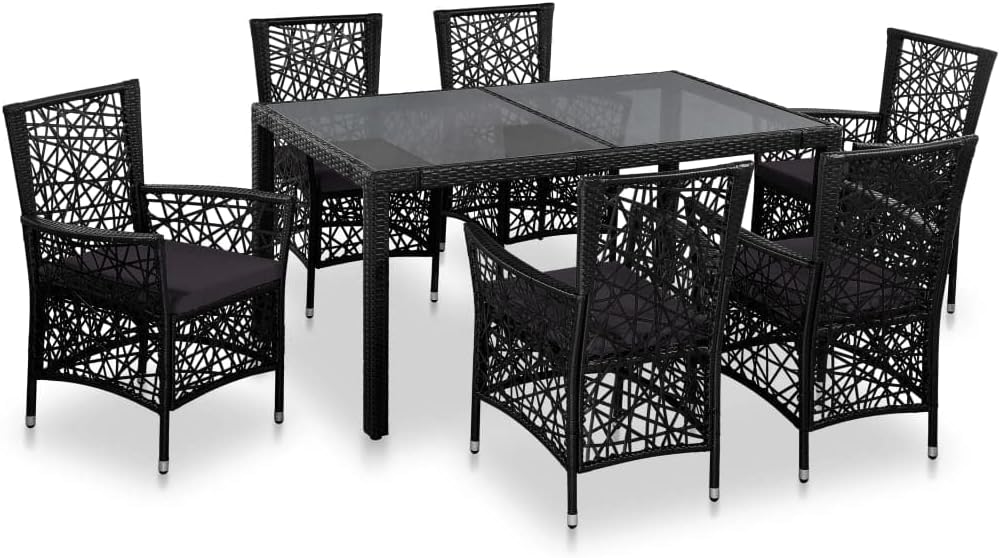Furniture Sets 7 Piece Patio Dining Set Poly Rattan Black,Patio Furniture Set with 6 Chairs Durable PE Rattan Outdoor Dining Set with Tempered Glass Tabletop and Comfortable Cushions Garden Conversati