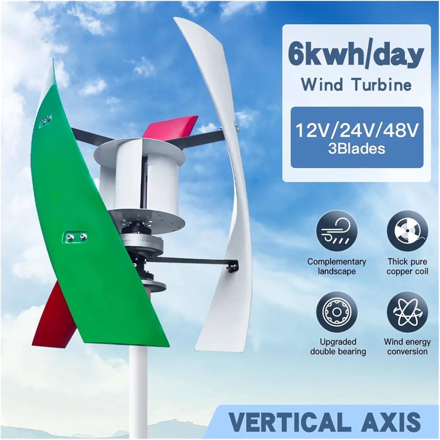 Wind Turbine Generator Kit, 5000W Vertical Wind Turbine Yacht Farm Family Farm Low Wind Speed Starting Wind Turbines for Hybrid Solar Wind System(24V)