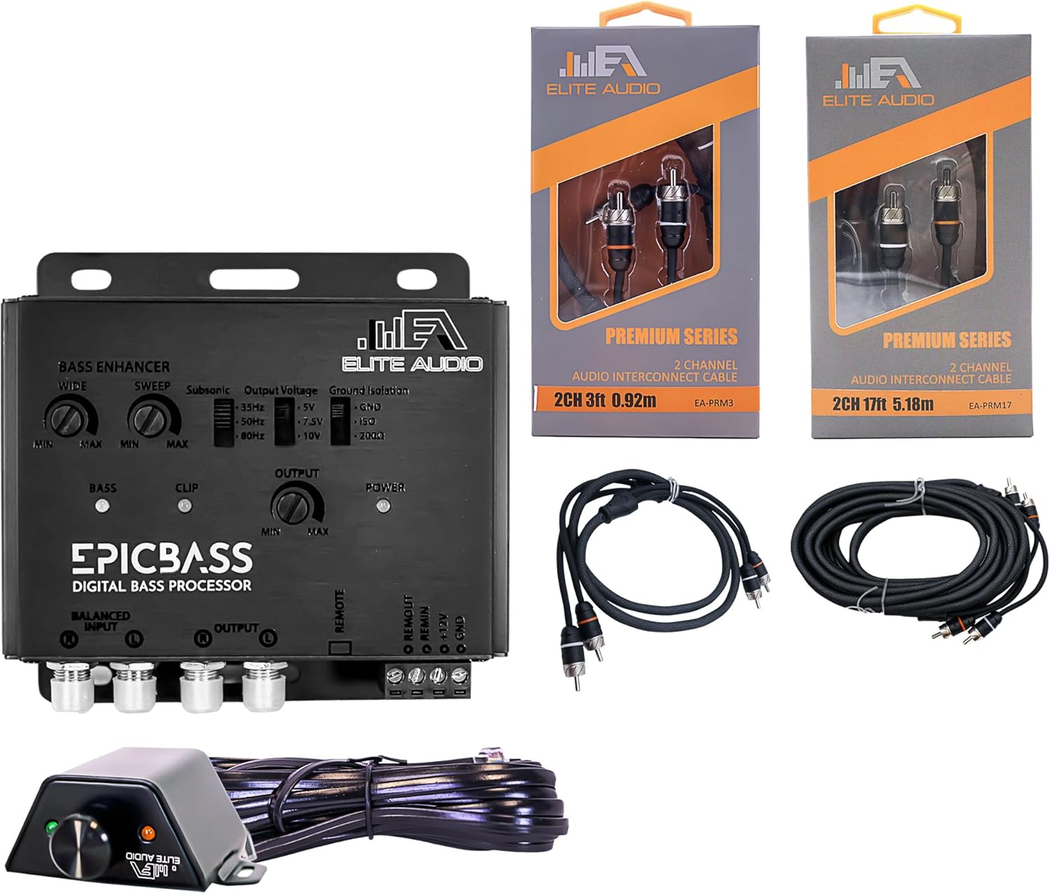Elite Audio Epic Bass Digital Bass Restoration Kit - Epic Bass Processor with 3ft. & 17ft. Oxygen Free RCA Cables - Boosted Bass Performance, Remote Bass Control