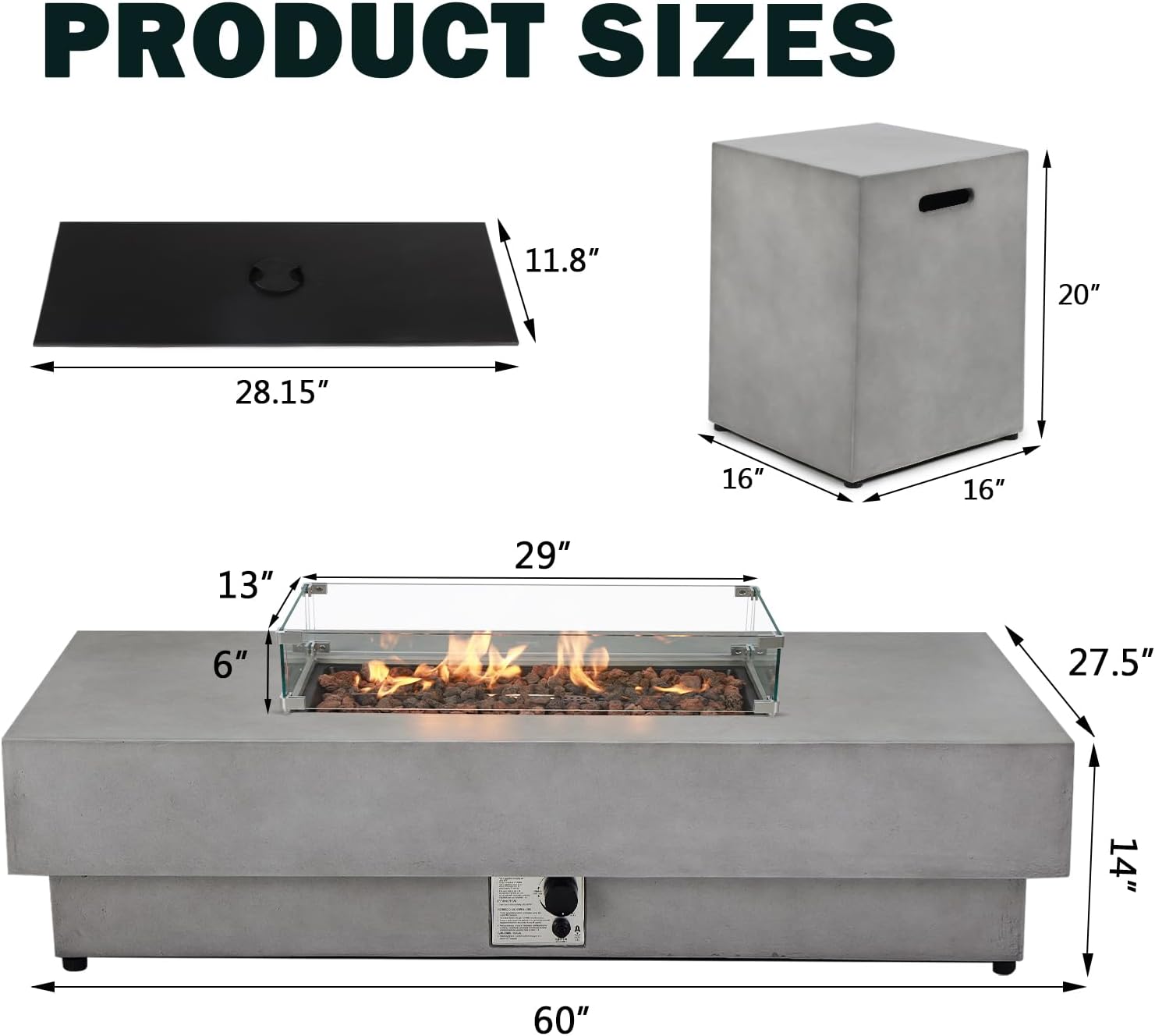 3 Pieces 60-Inch Outdoor Propane Fire Pit Table w/Tank Cover&Wind Guard - 50,000 BTU, Concrete Rectangle Firepits, Steel Lid, Lava Rocks & Rain Cover Included