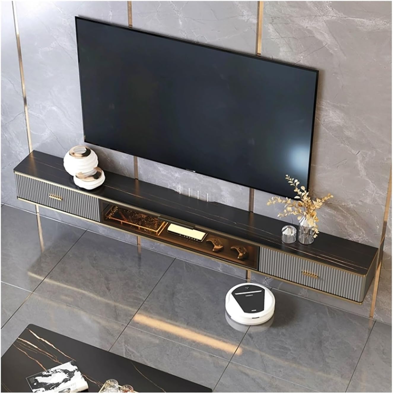 Console Floating TV Shelf for Under Wood Stand with Slate Tabletop Wall Mount Media Console with Storage Large Capacity Storage(Small)