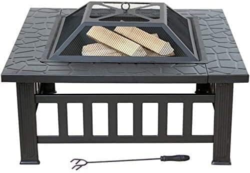 BBQ Grill Outdoor Fire Pits Outdoor Wood Burning 32in Outdoor Fire Pit Metal Square Firepit Wood Burning Backyard Patio Garden Beaches Camping Picnic Bonfire Stove with Cover BBQ Cookin