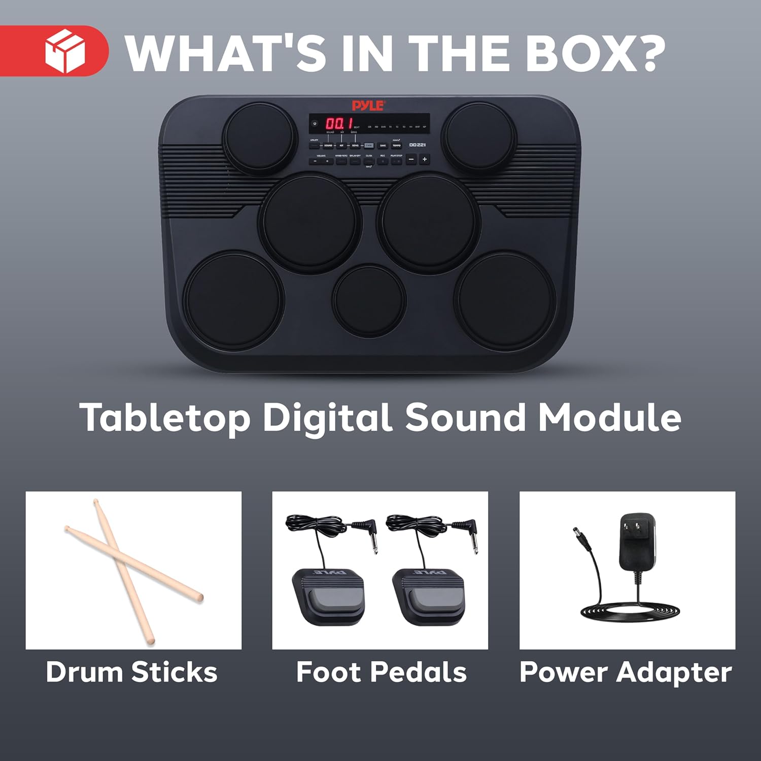 Pyle Electronic Tabletop Digital Drum Set, Compact Portable Drum Pad Kit w/ 7 Touch Sensitive Drum Pads and Pedals, 273 Sounds, USB & Headphone Outputs, MIDI/AUX Inputs, 4x5” Drums & 3x3.5” Cymbals