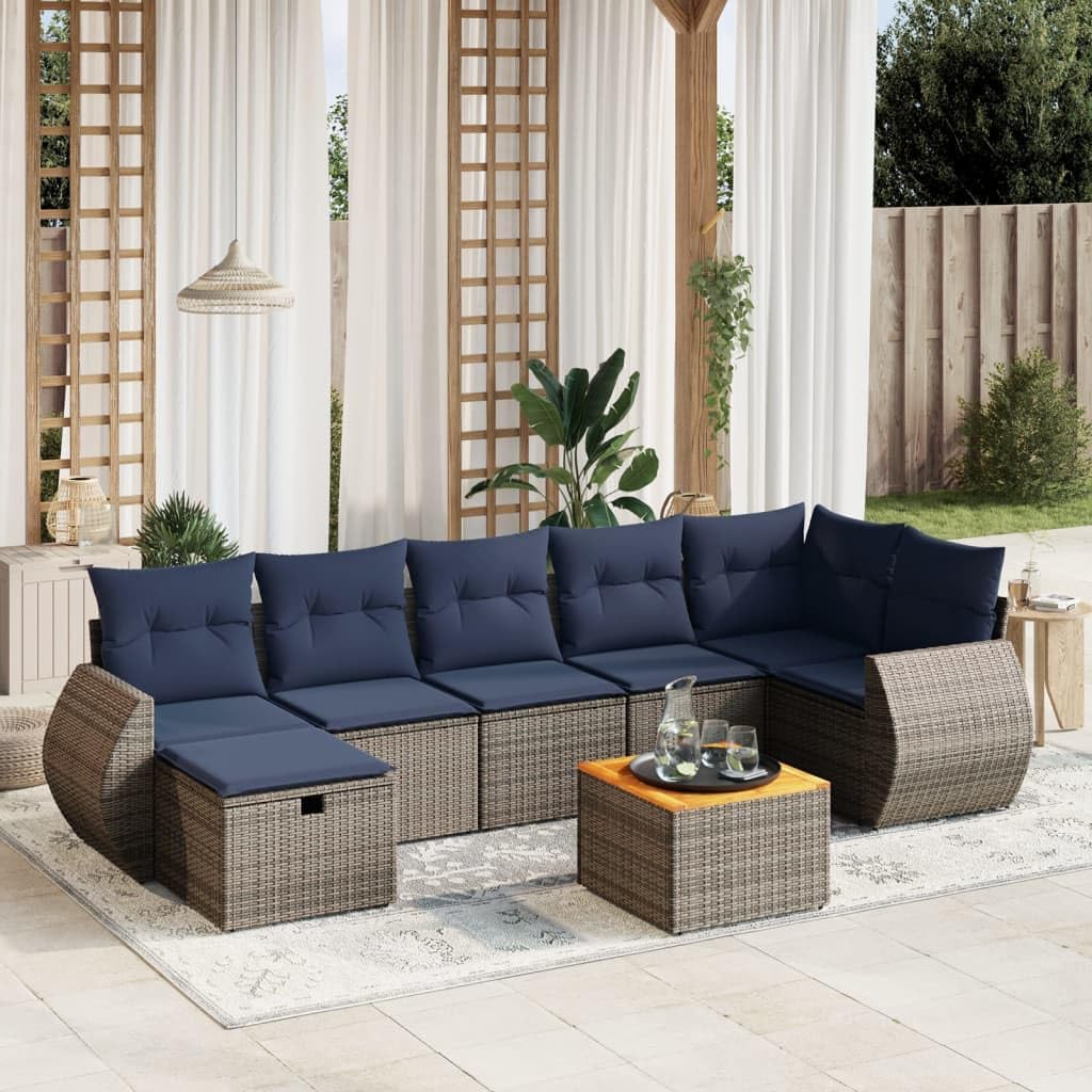 8 Piece Patio Sofa Set with Cushions, Gray Poly Rattan Outdoor Furniture, Acacia Top Table, Modular Design for Backyard Terrace