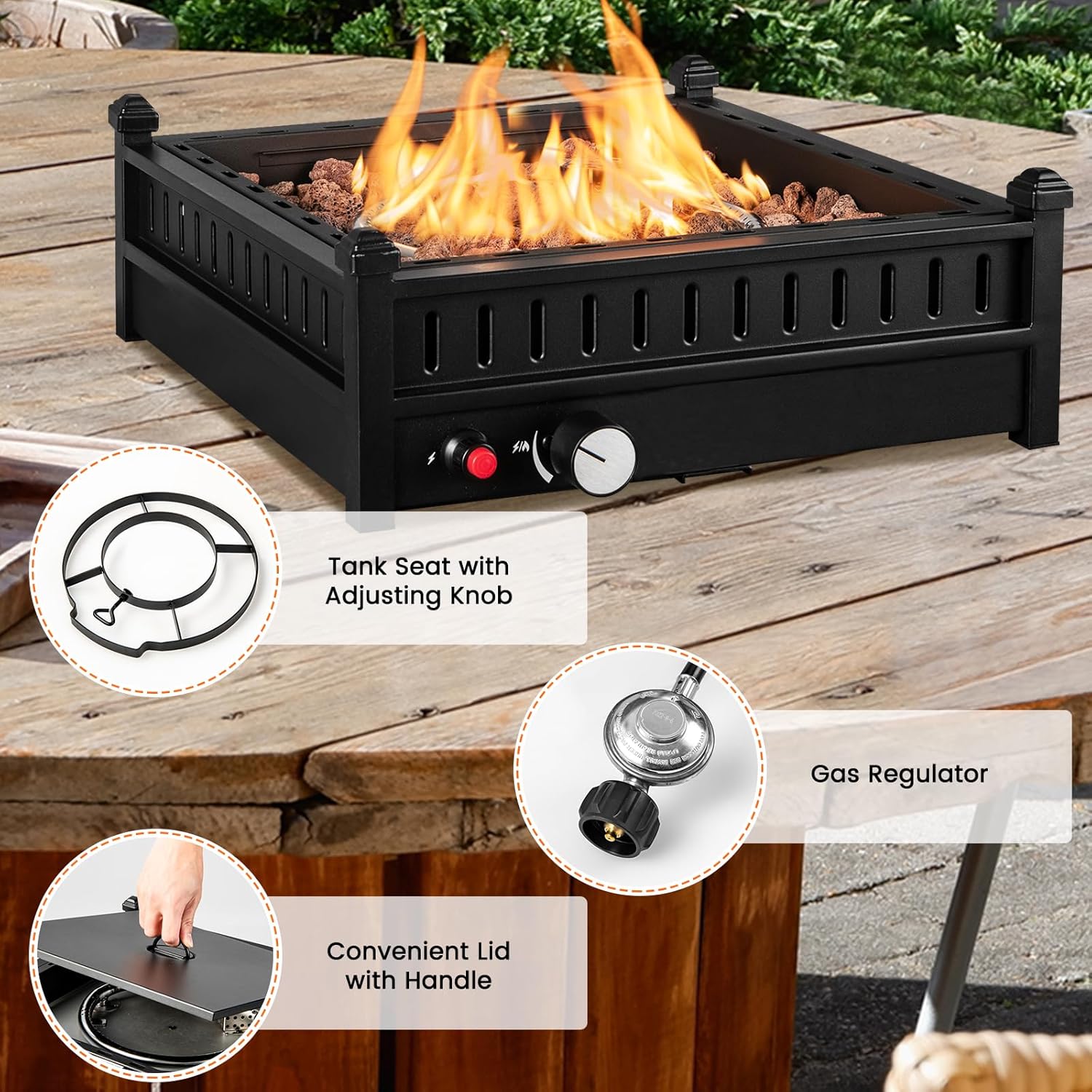 COSTWAY 16.5 Inch Tabletop Propane Fire Pit, 40,000 BTU Outdoor with Removable Lid, Simple Igniting System, Lava Rocks & Tank Seat Included, Ideal for Tables with 2'' Umbrella Hole