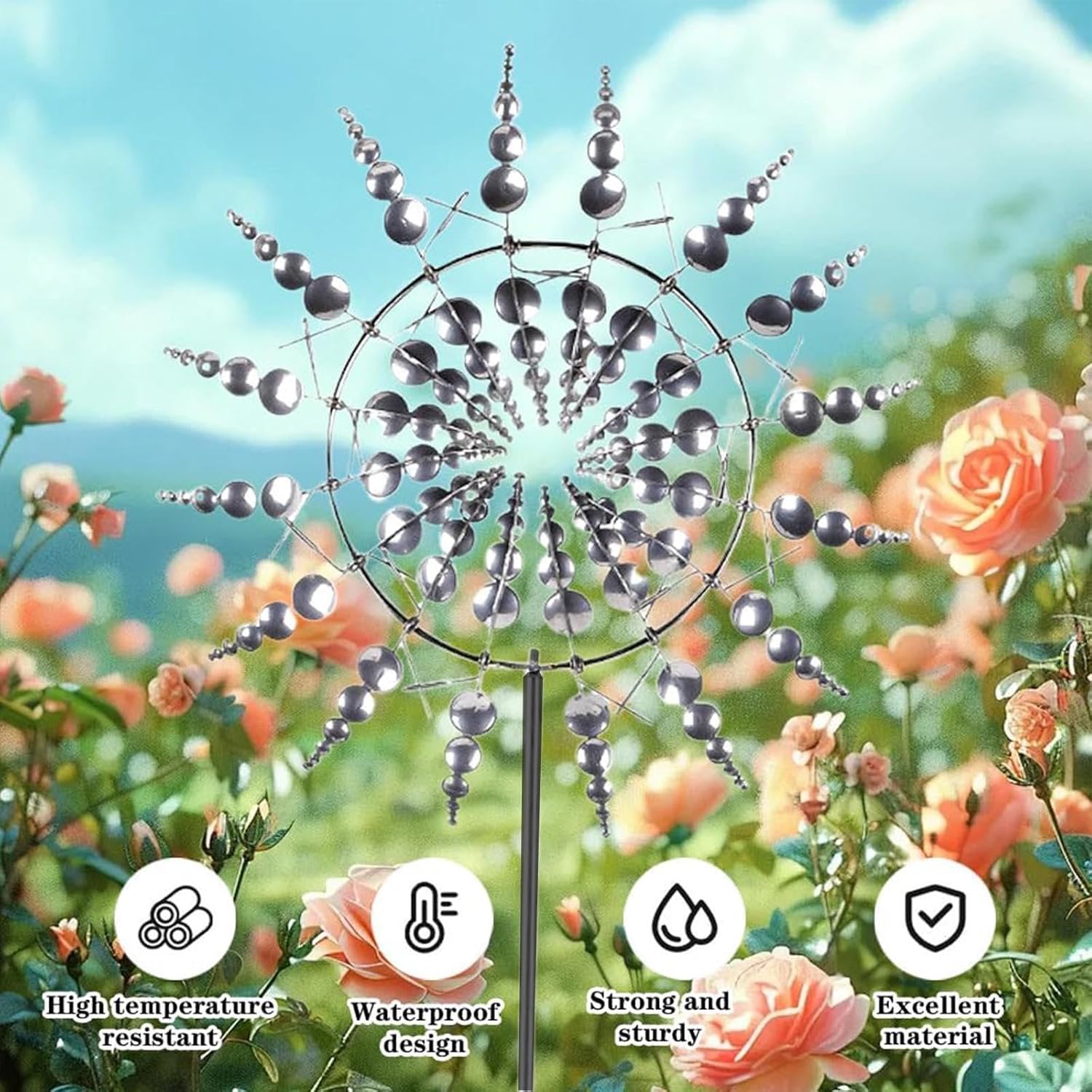 Solar Magical Metal Windmill, Wind Spinner Outdoor 3D Wind Powered, 13.4 x 71in Solar Wind Spinners,Gold