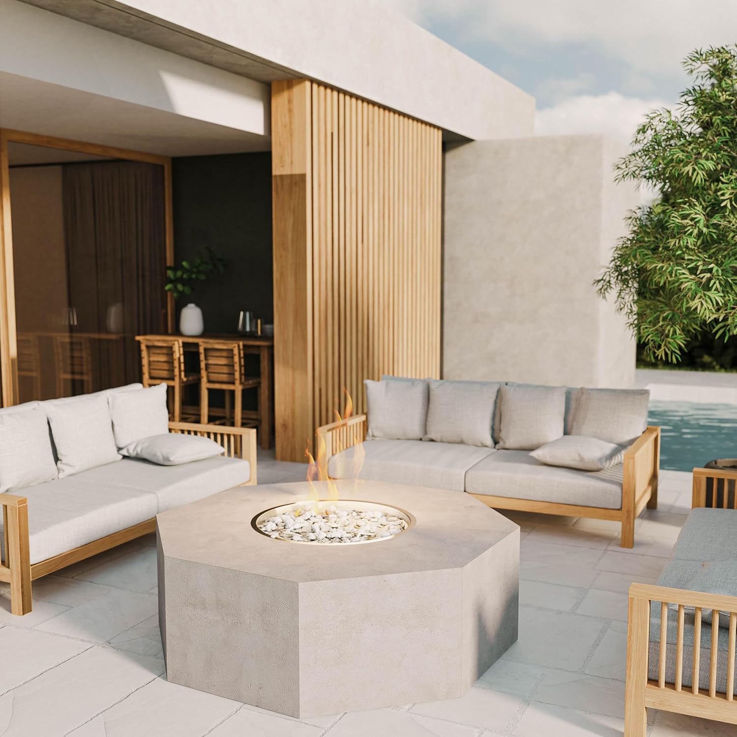 Ready-to-Finish 45-in Octagon x 18-in Concrete Fire Pit Kit for Outdoor Patio – Customizable Gas or Wood Burning Base – DIY & Contractor Friendly – Fits 25-in Burner or Breeo Zentro Insert