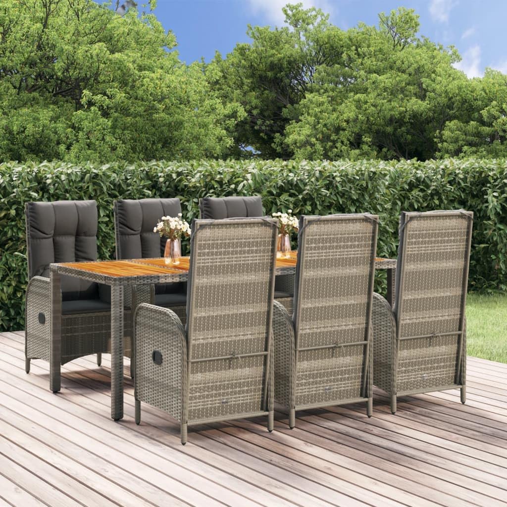 7 Piece Patio Dining Set with Cushions Gray Poly Rattan,Poly Rattan Patio Dining Set with Reclining Garden Chairs for Outdoor Relaxation and Dining Patio Furniture Sets, Outdoor Furniture Sets