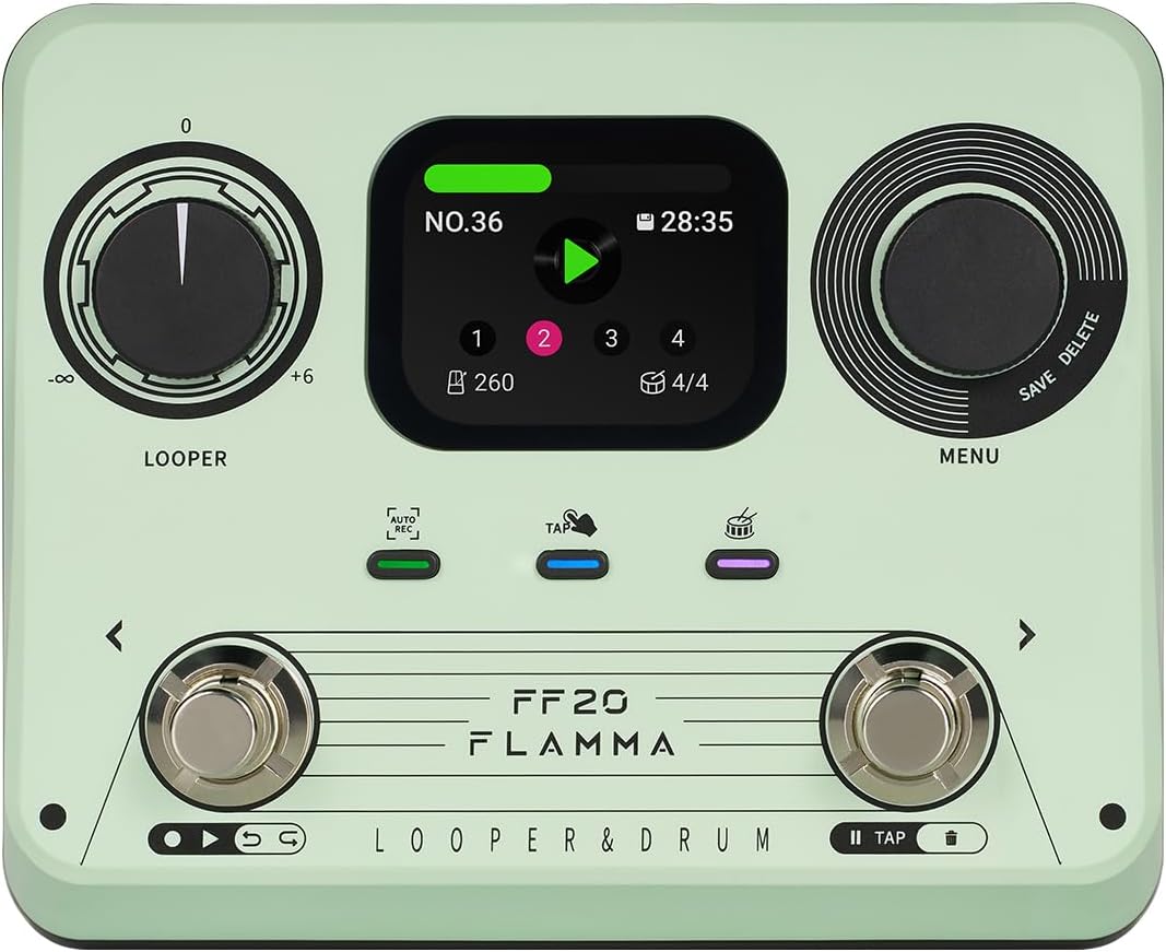 FLAMMA FF20 Looper Pedal Drum Machine, Drum Looper Guitar Pedal with Screen, 300 Min Recording, 220 Drum Grooves, 100 Loop Slots, Time Stretch, Auto Record, USB & Headphone Out, for Guitar and Bass