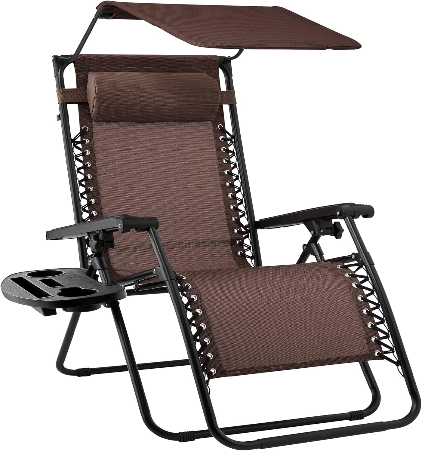 Best Choice Products Folding Zero Gravity Outdoor Recliner Patio Lounge Chair w/Adjustable Canopy Shade, Headrest, Side Accessory Tray, Textilene Mesh - Brown