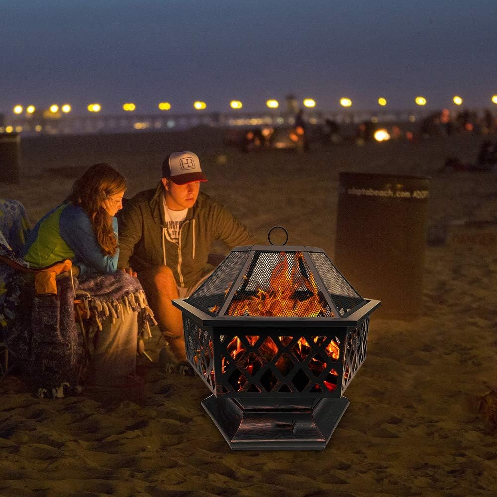 Steel Hexagonal Fire Pit Fire Bowl for Garden and Patio Outdoor Garden Heater Bronze Fire Pit Charcoal Burning Fire Bowl