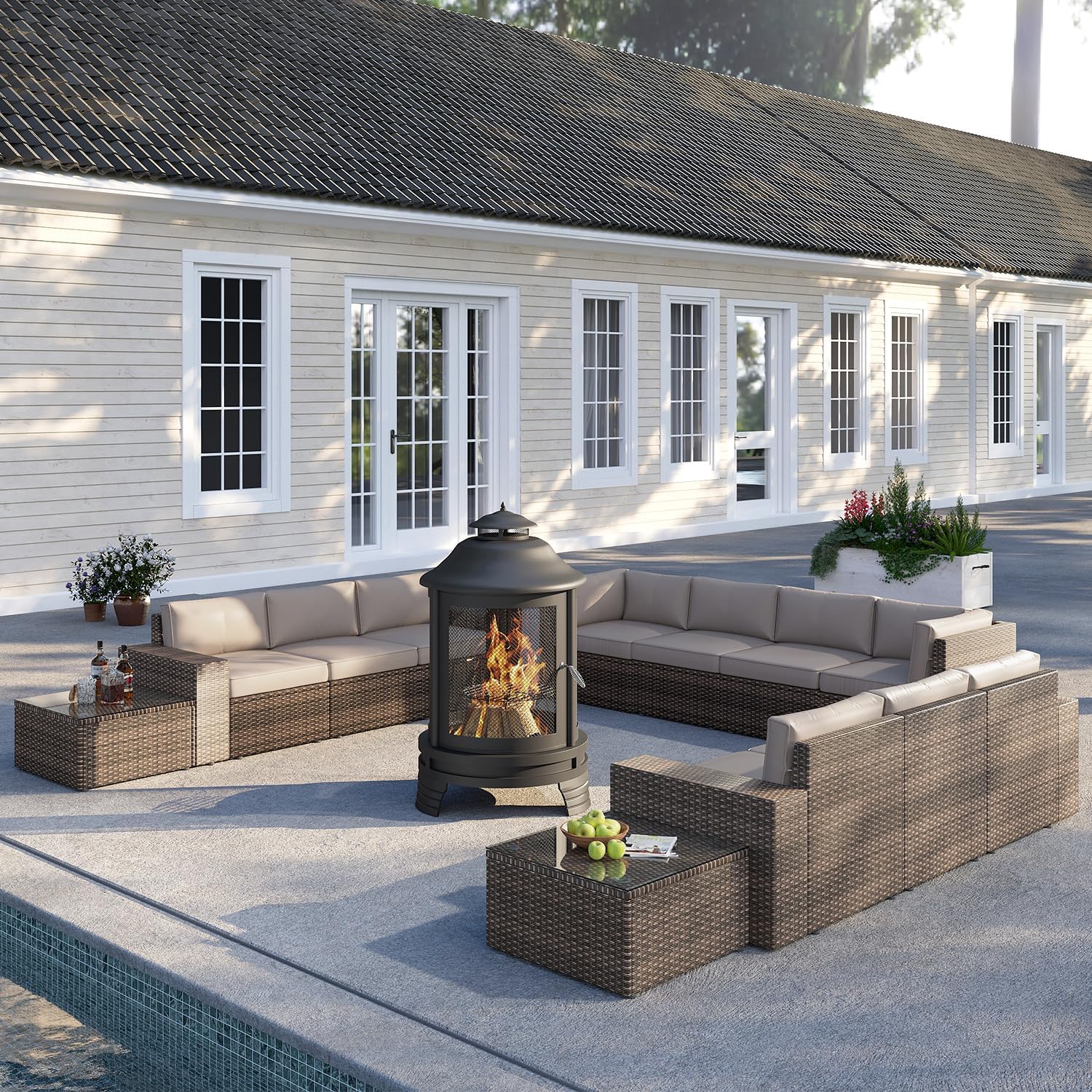 oneinmil 13-Piece Outdoor Furniture Set, with Large Fire Pit Chiminea, 2 in 1 Fire Pit for Outdoor, Wicker Rattan Sectional Conversation Set, and Coffee Table