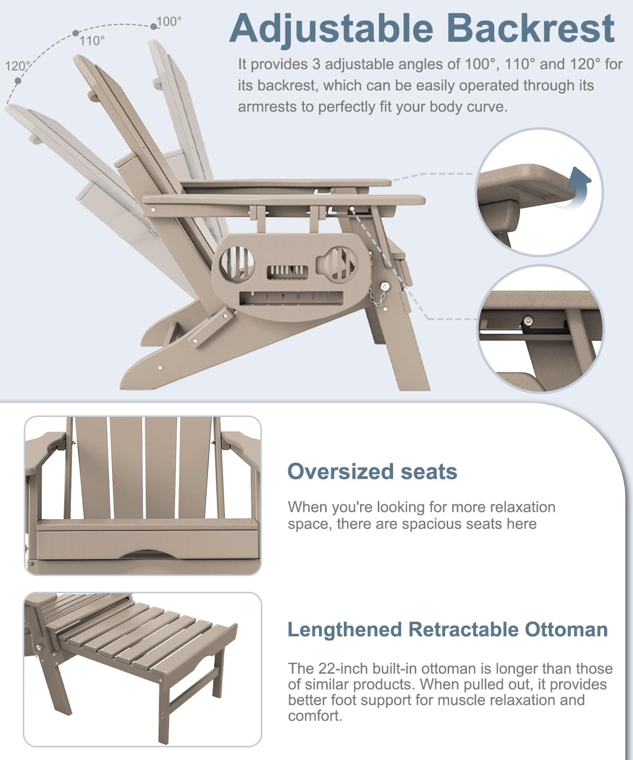Adjustable Adirondack Chair with Retractable Ottoman Set of 2, HDPE Folding Adirondack Chair with Cup Holder, All Weather Fire Pit Chair for Outdoor.