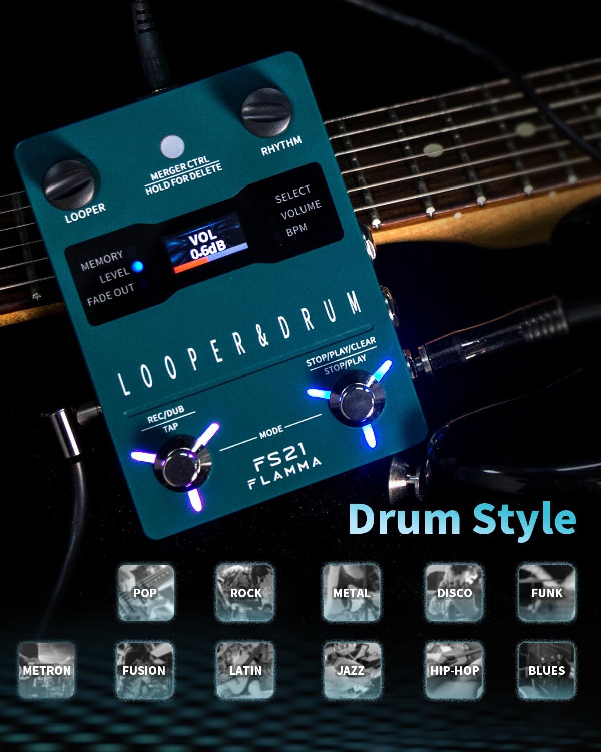 FLAMMA FS21 Stereo Guitar Looper Pedal & Drum Machine 2-in-1 with160 Minutes Loop Recording Capacity 100 Drum Grooves 10 Metronome Support Software Editing
