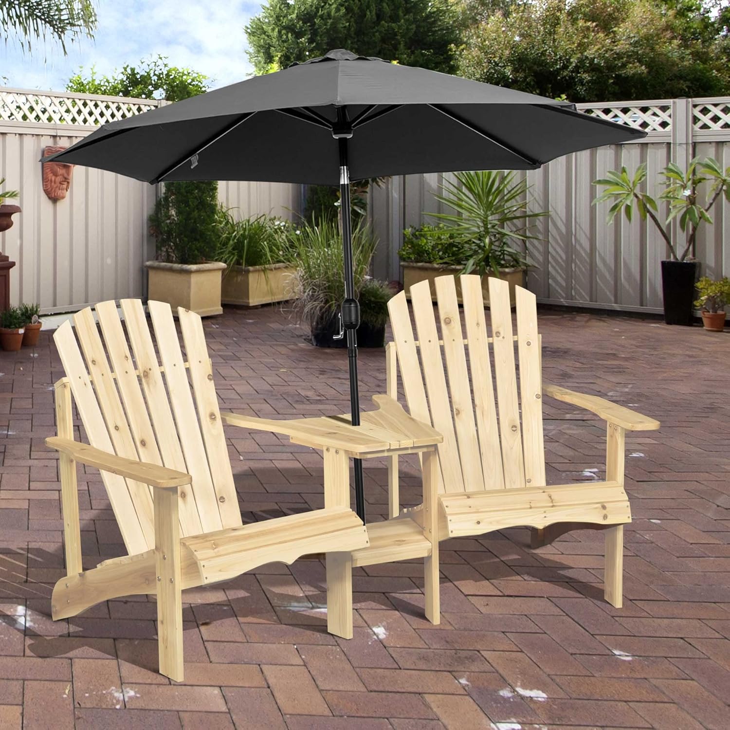 Outsunny Wooden Adirondack Chairs for Two People, Outdoor Fire Pit Chair with Table & Umbrella Hole, Patio Chair for Deck Lawn Pool Backyard, Natural