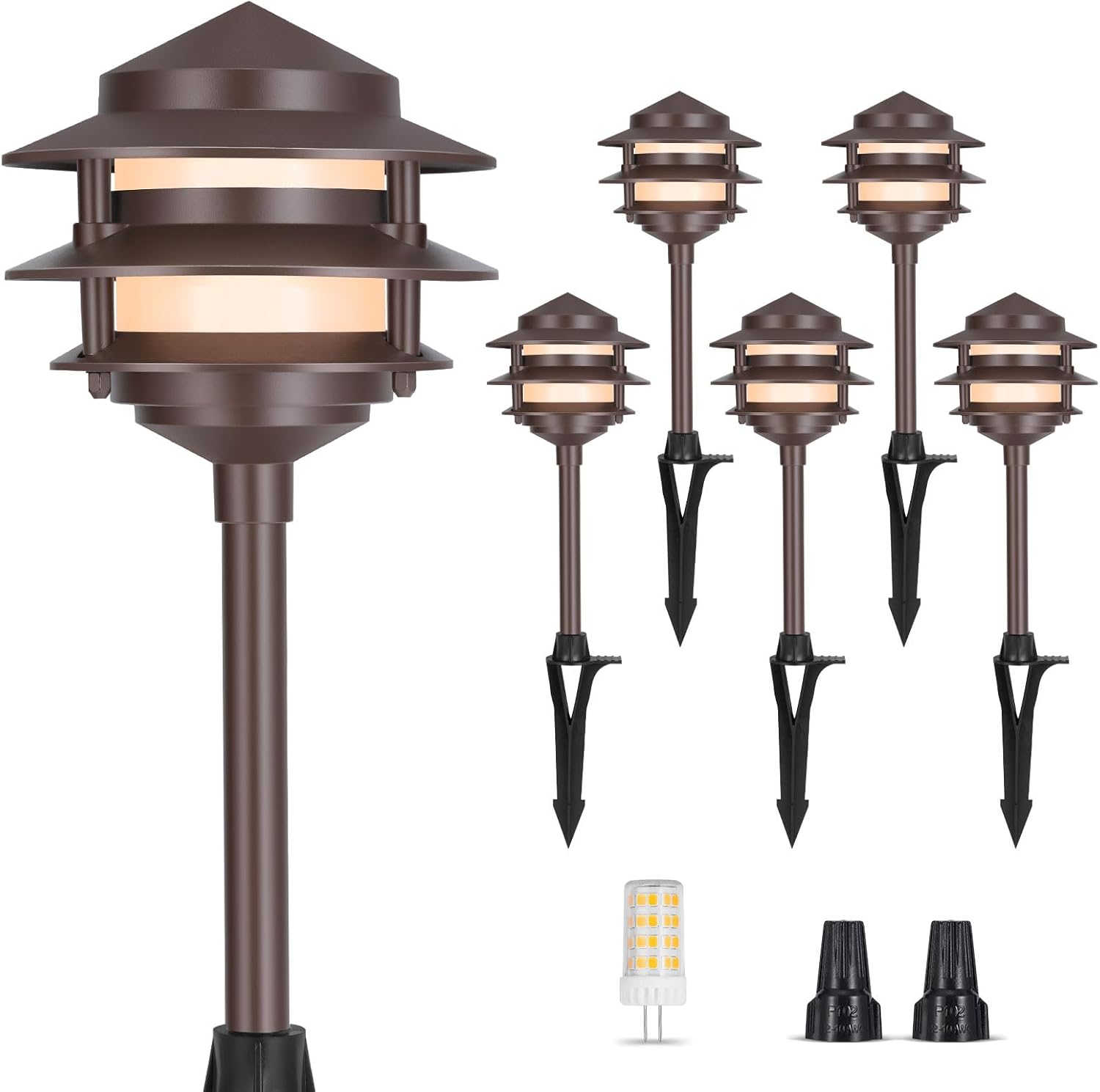Gardencoin Pagoda Low Voltage Landscape Pathway Lights, 12V Outdoor LED Path Lights Wired, Aluminum Walkway Lighting with 4W 2700K Replaceable G4 Bulb, Bronze Classic 3-Tier Lantern, 6 Pack
