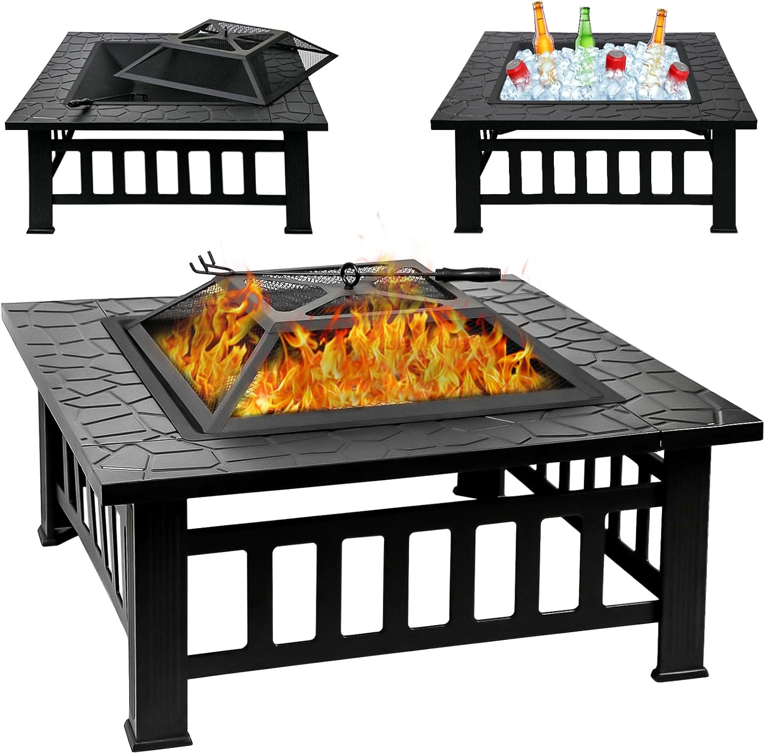 32 Inch Fire Pit Table with Fire Poker & Spark Screen, Outdoor Burning Fire Pits, 3 in 1 Metal Square Firepit Stove for Outside Heating, Bonfire Party, Camping, Backyard, Patio, Garden