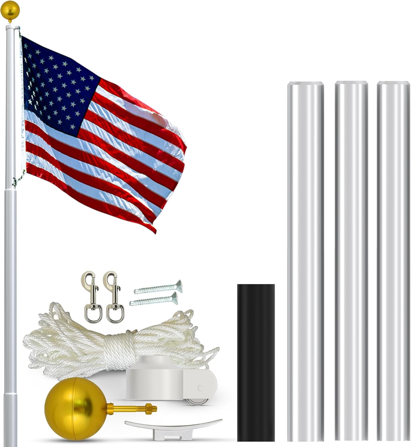 Super Tough USA-Made 20ft Heavy Duty Flag Pole for Outside House - Satin Finish - Residential In-Ground Flagpole - 3-Section High-Grade Aluminum - Includes All Accessories