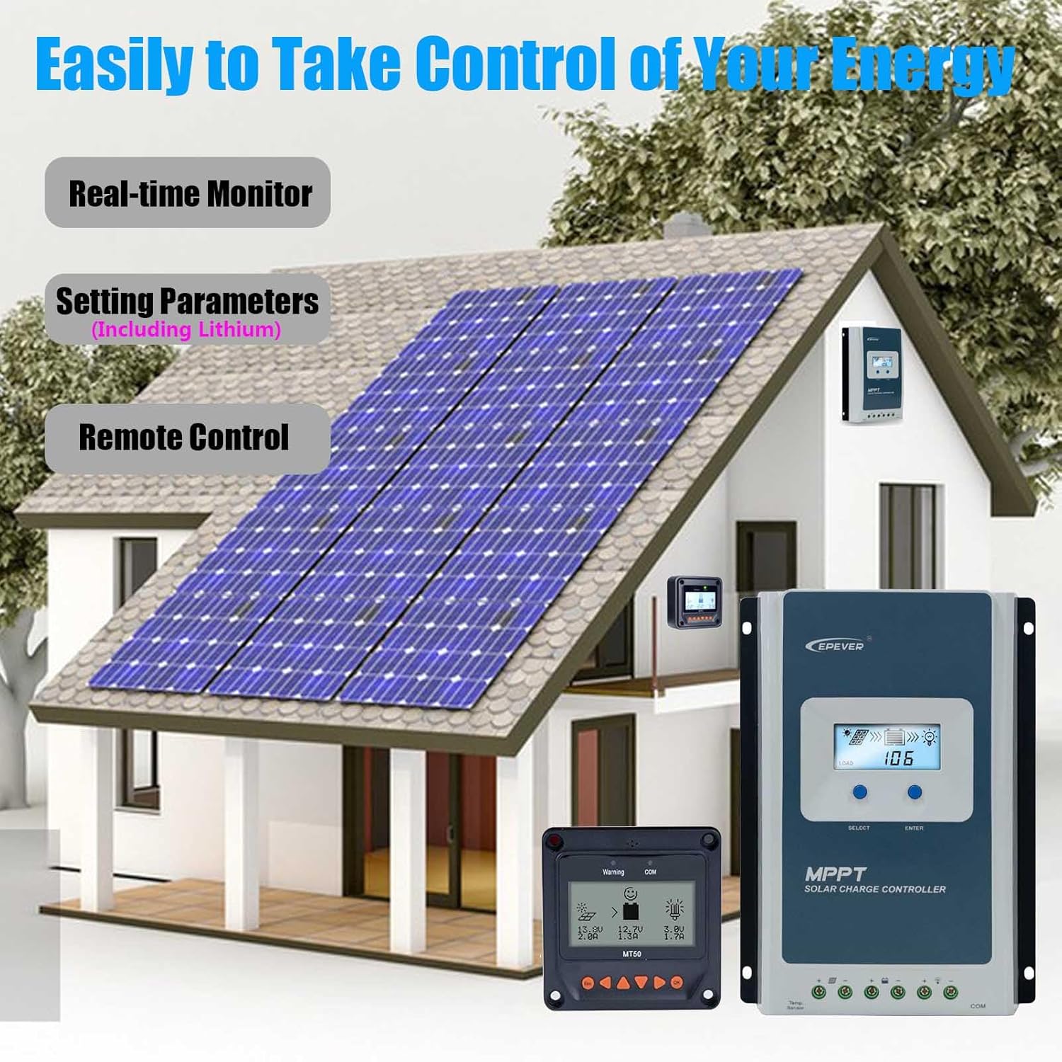EPEVER 40A 12/24/ Auto Identify MPPT Solar Charge Controller with Remote Control of LCD Display Adjustable Parameters and Temperature Sensor Support Lithium (Tracer 4210AN MT50 Sensor)