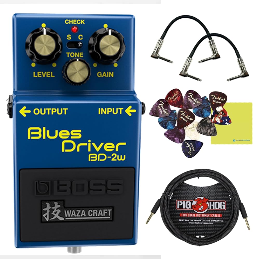 Boss BD-2W Blues Driver Pedal Bundle w/ 2-Pack Strukture S6P48 Woven Right Angle Patch Cable, Pig Hog PCH10BK 