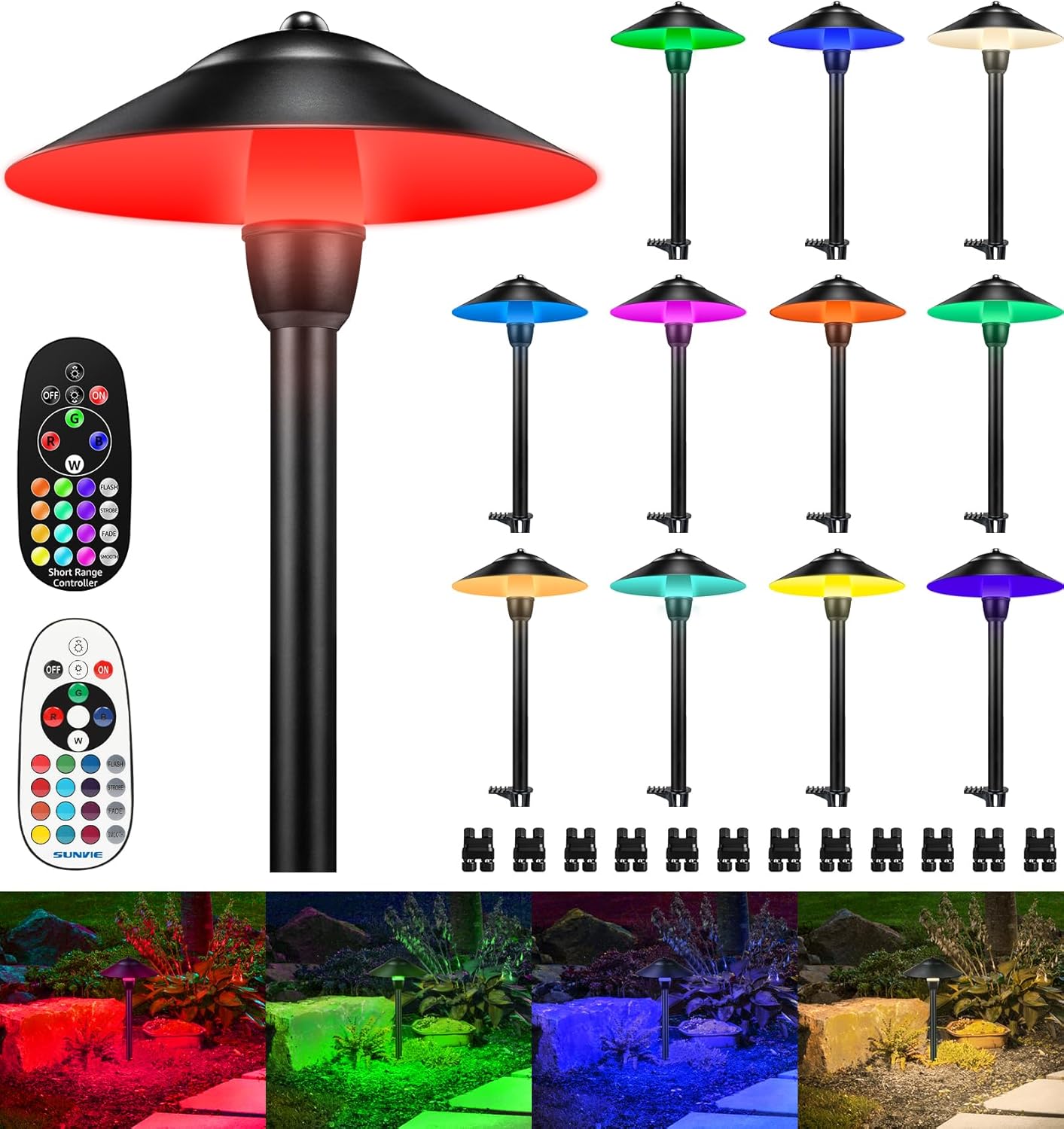SUNVIE RGBW Low Voltage Landscape Lights 3W Color Changing Pathway Lights 12-24V Multi-Color Path Lights Waterproof for Yard Garden Walkway Holiday Landscape Lighting ETL Listed Cord, 12 Pack