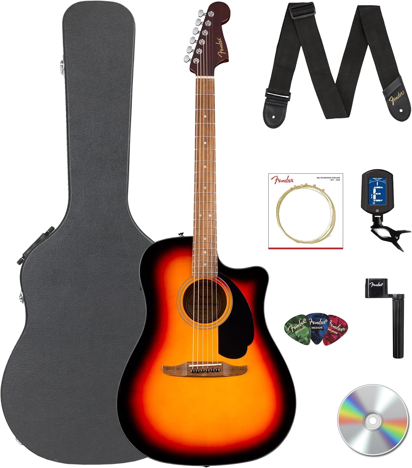 Fender California Standard Redondo CE Acoustic-Electric Guitar - 3-Color Sunburst Bundle with Case, Tuner, Strap, Strings, String Winder, Picks, and Austin Bazaar Instructional DVD