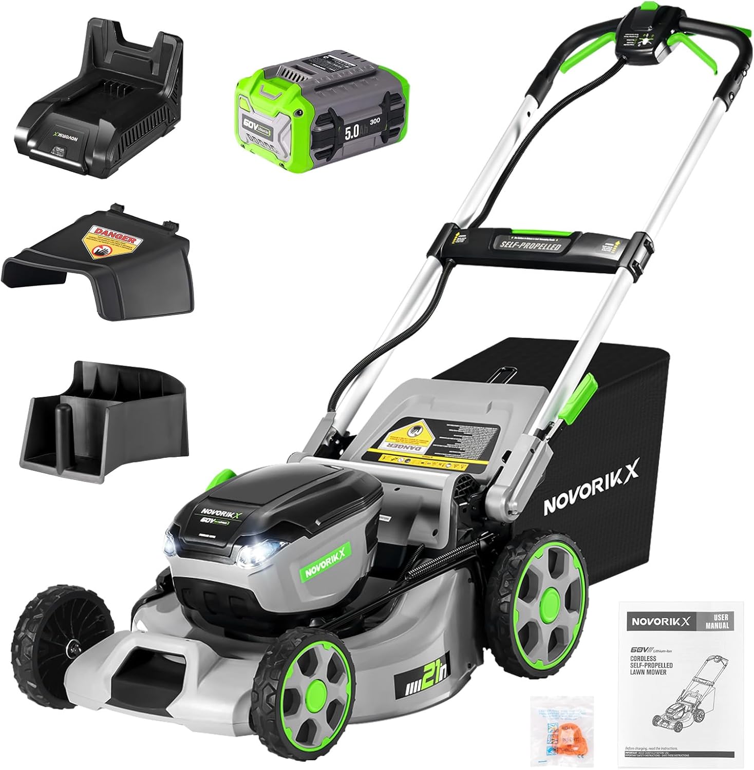 60V Self-Propelled Lawn Mower 21-Inch, Brushless Cordless Mower for Large Yards, Electric with LED Headlight, 5.0Ah Battery & Rapid Charger