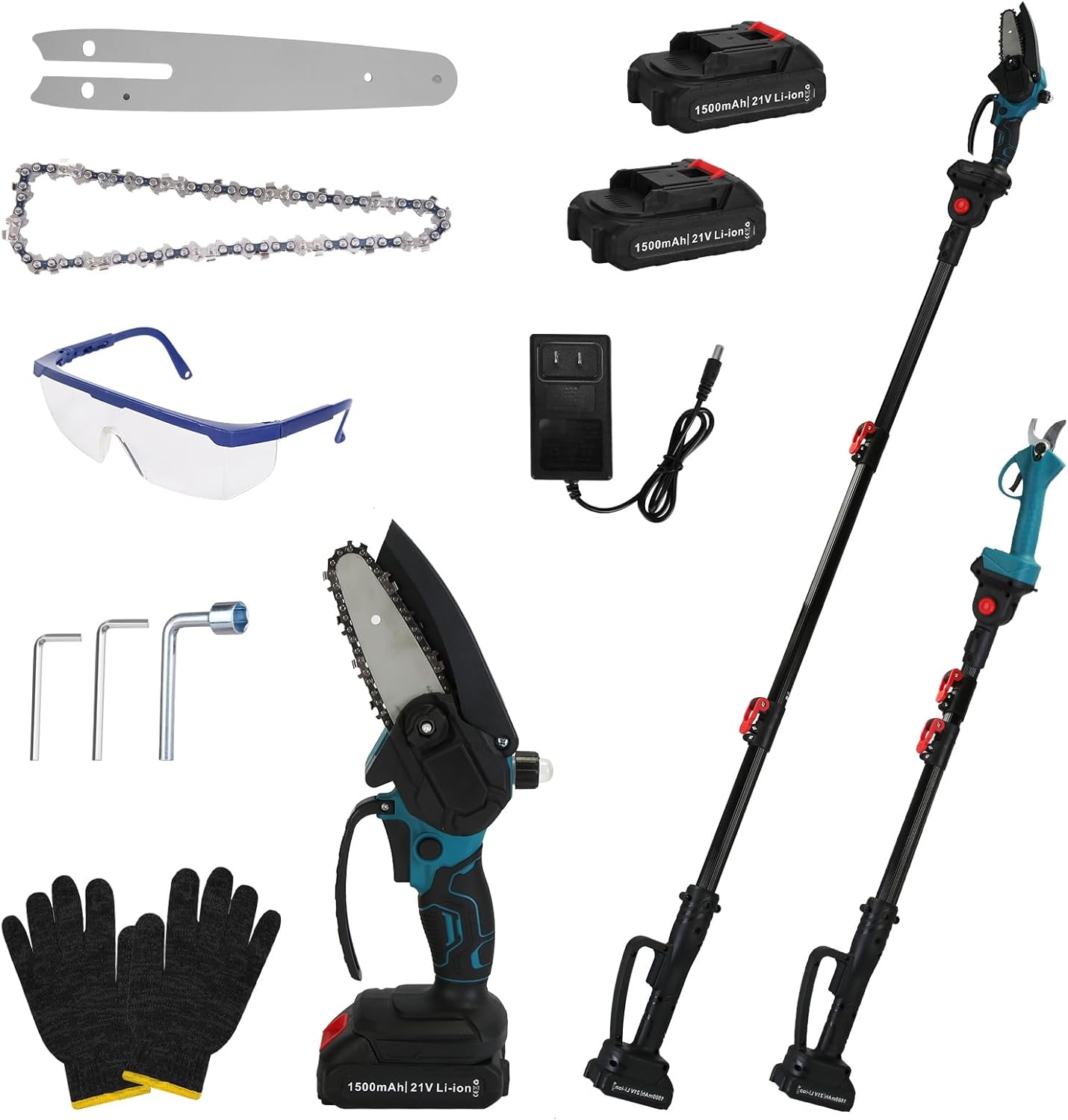 4-in-1 Pole Saw & Pruning Shears Combo Kit, 6/4 Inch Inch Mini Chainsaw for Tree Trimming,2PCS 2.0Ah Batteries Powered Chain Saw w/Max 5.5FT Extension Poles,SK5 Blades,Tree Limb Branch Cutter Pruner