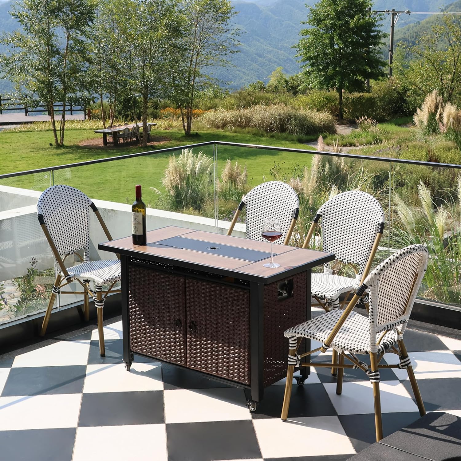 43 Inch Outdoor Fire Table with Ceramic Tile Tabletop Propane Fire Pit Table 60,000 BTU Gas FirePit CSA Certified Wicker Rattan Fire Table with Lid Glass Rock Wheels Waterproof Cover Gloves