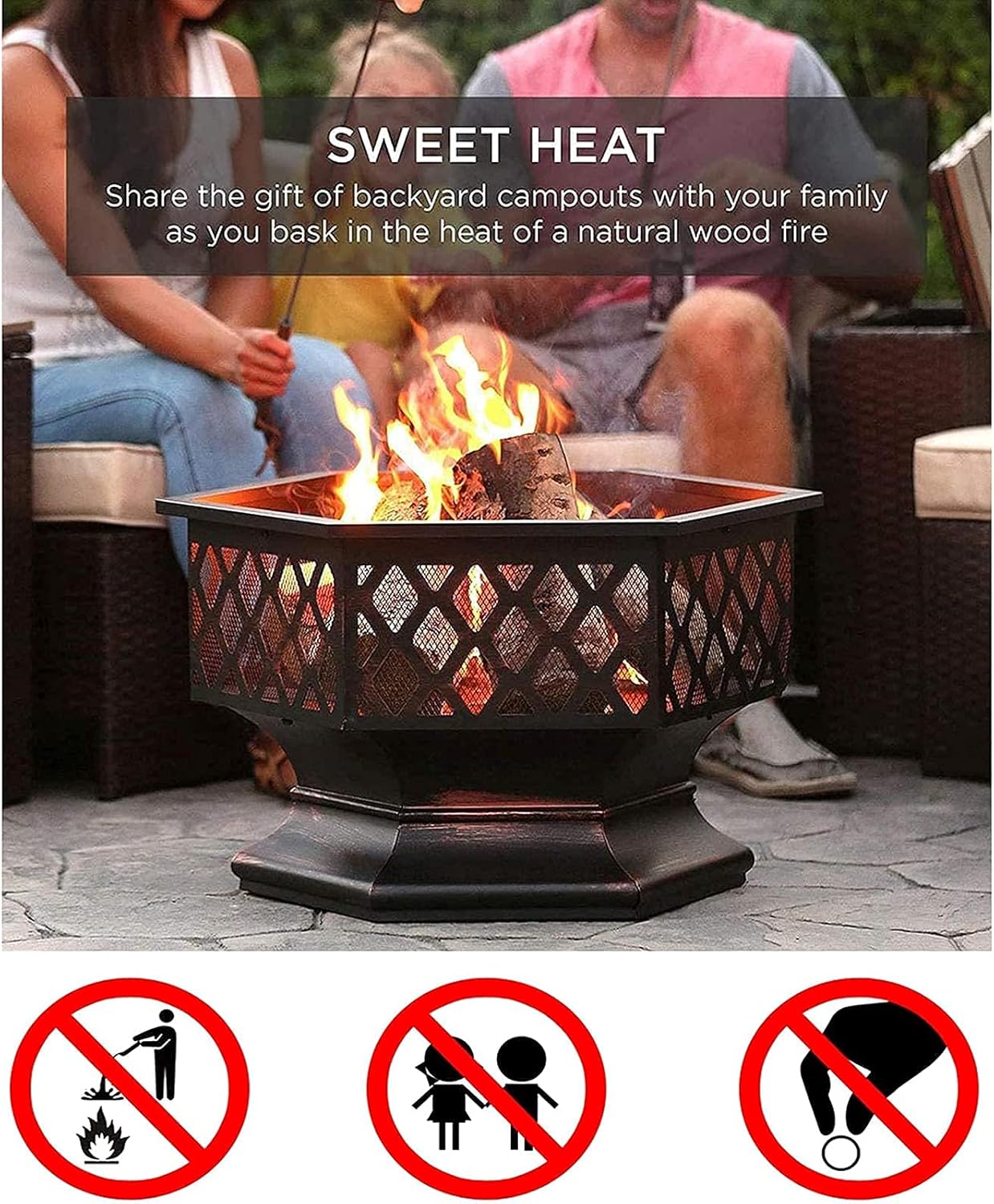 Outdoor Wood Burning Fire Pit Heaters Fire Pits for Garden Grill Bowl 2 in 1 Fireplace for Bonfire Barbecue in The Wild with Grill Grate for Camping/Outdoor Heating/Bonfire and Picnic