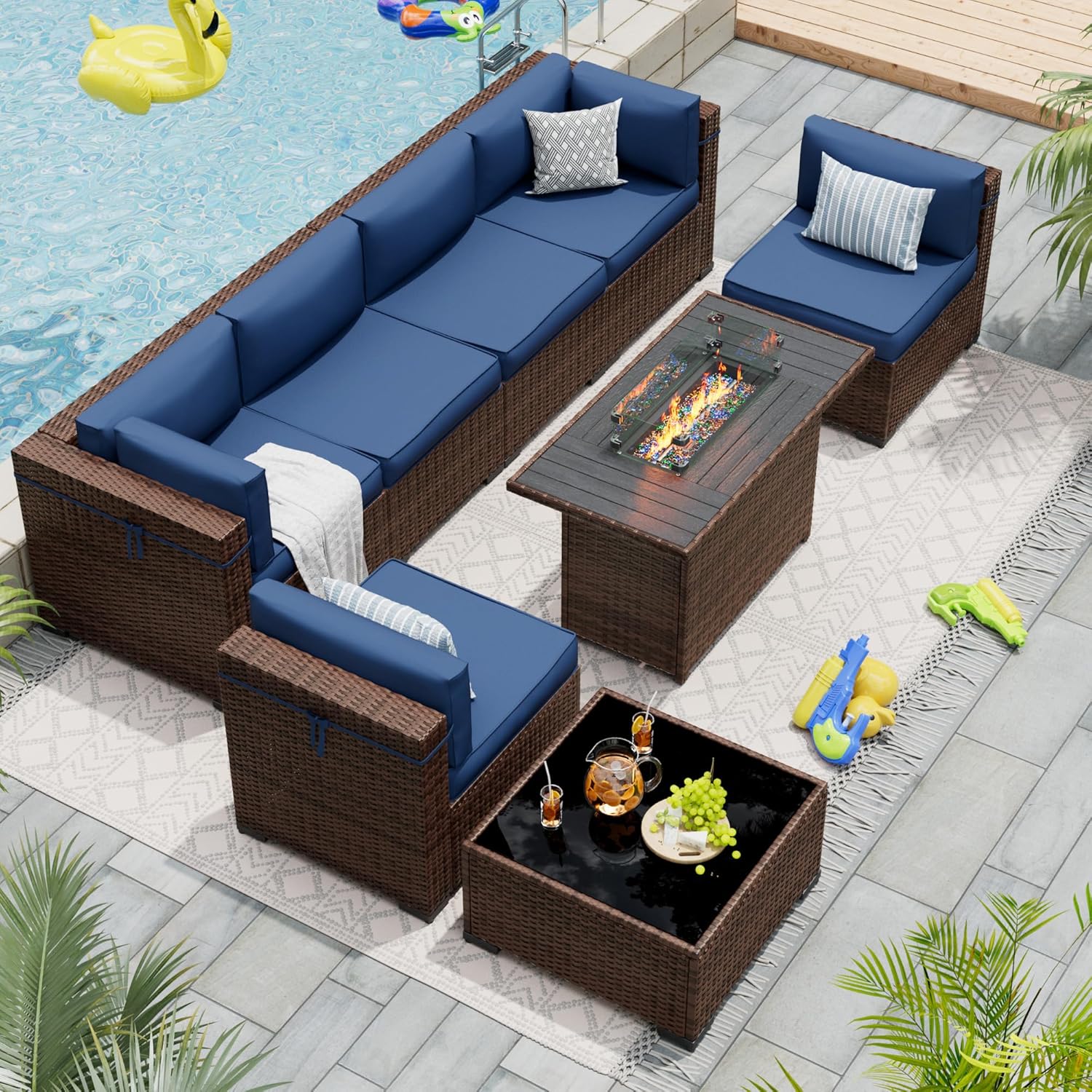 Patio Furniture Set with 44'' Propane Gas Firepit Table, 8 PCS Outdoor Sectional Conversation Sets with High Back, Navy Blue (Waterproof Cover Included)