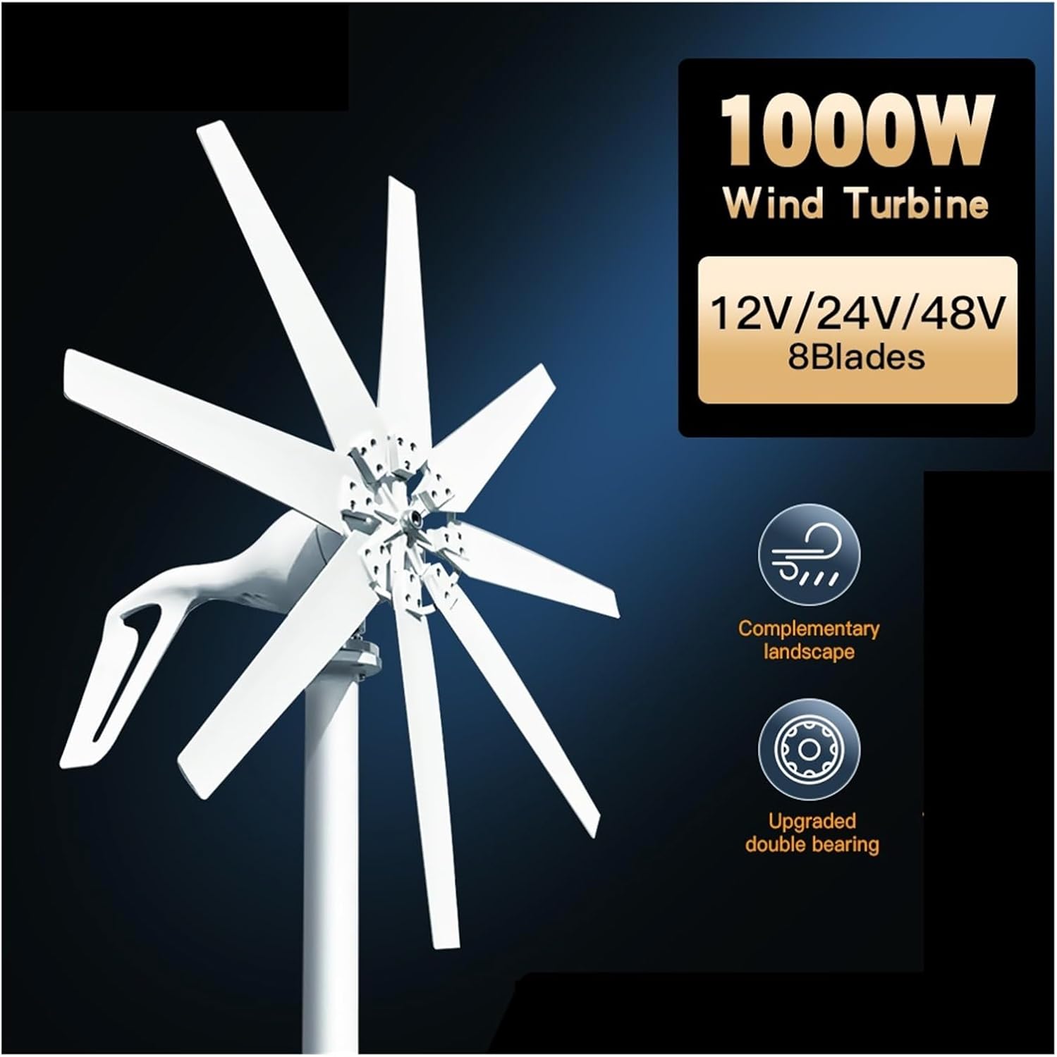 1000W Horizontal Wind Turbine Generator Kit 12V/24V/48V Low Noise Wind Turbine Kit with MPPT Controller Low Starting Speed for Home(Model3,24V_1000W)