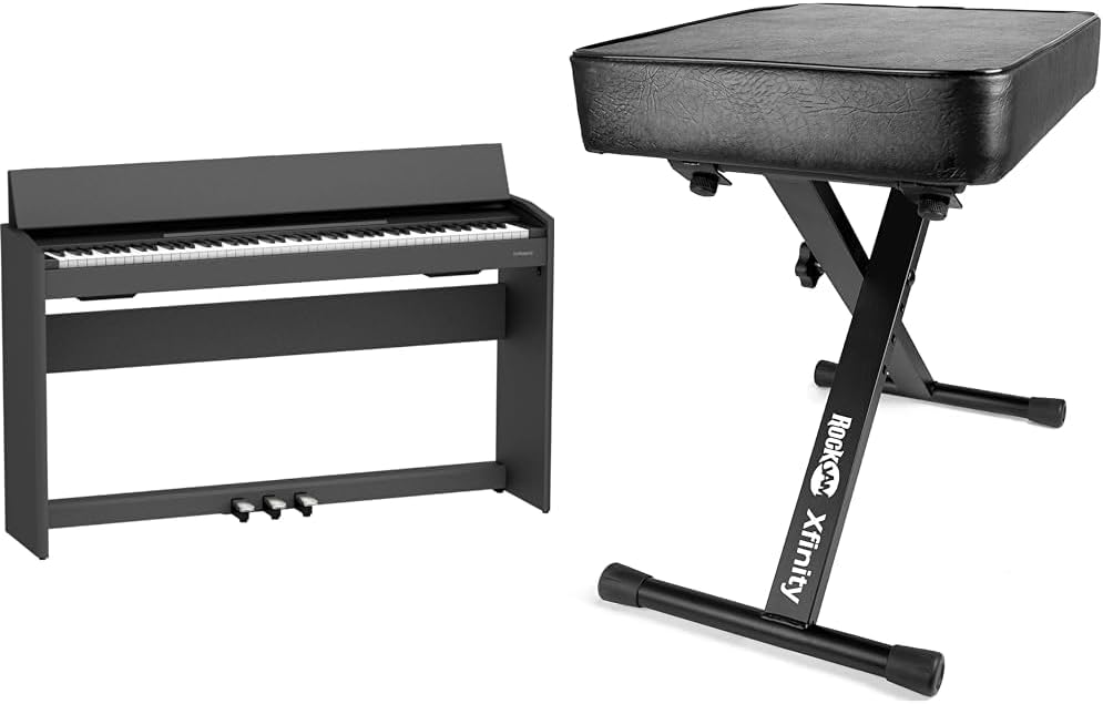 Roland F107 Digital Home Piano Bundle with RockJam KB100 Adjustable Padded X-Style Keyboard Bench, Black