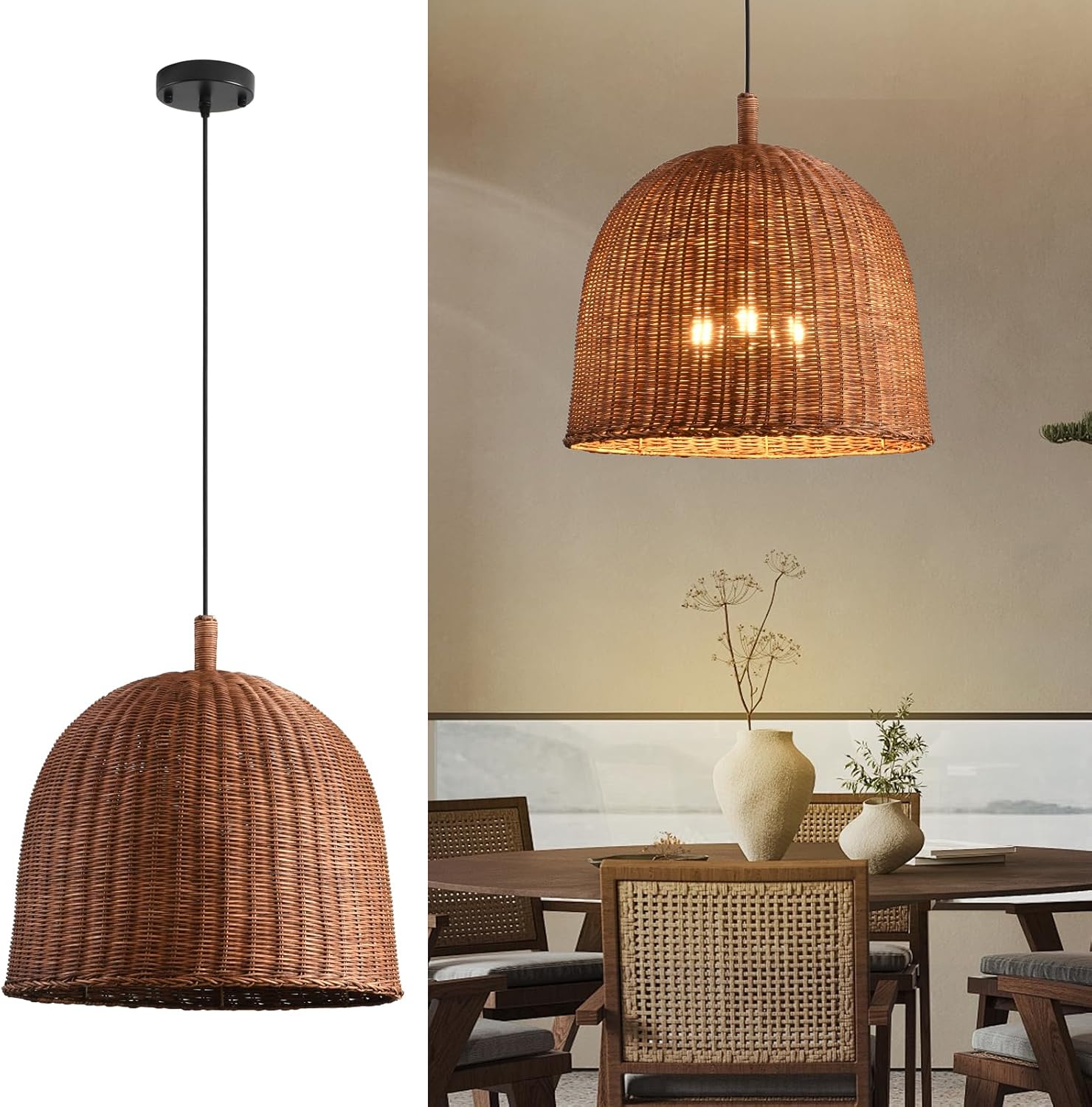 3-Light Dark Curry Rattan Pendant Light,17.7