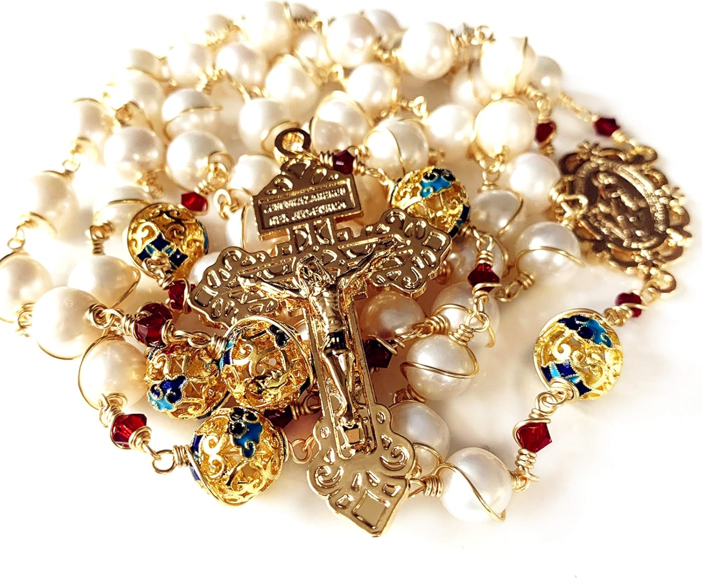 elegantmedical HANDMADE Gold Wire Wrapped Bead AAA White 10mm Real Pearl Rosary Cross NECKLACE BOX