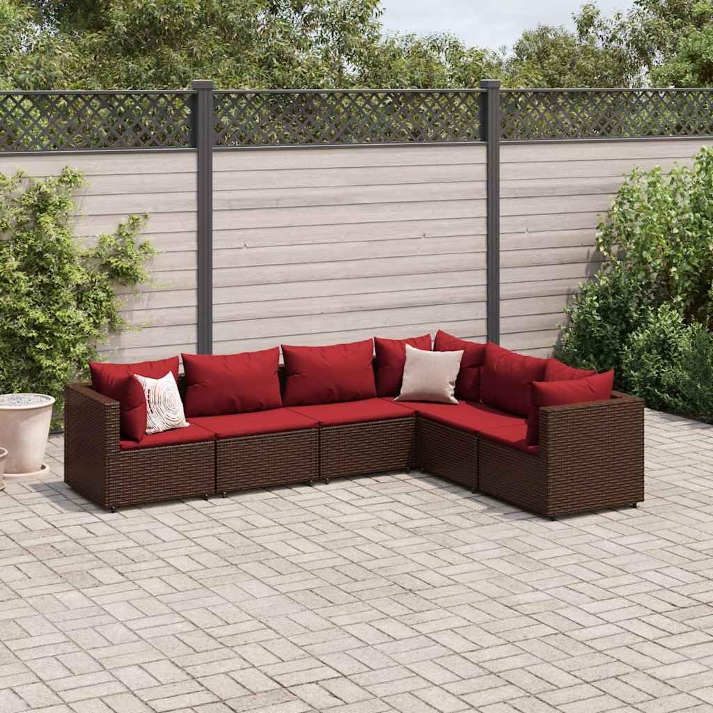 6 Piece Modular Patio Lounge Set, Brown Synthetic Poly Rattan, Cinnamon Red Cushions, Outdoor Garden Balcony Furniture, Powder-Coated Steel Frame, Weather Resistant
