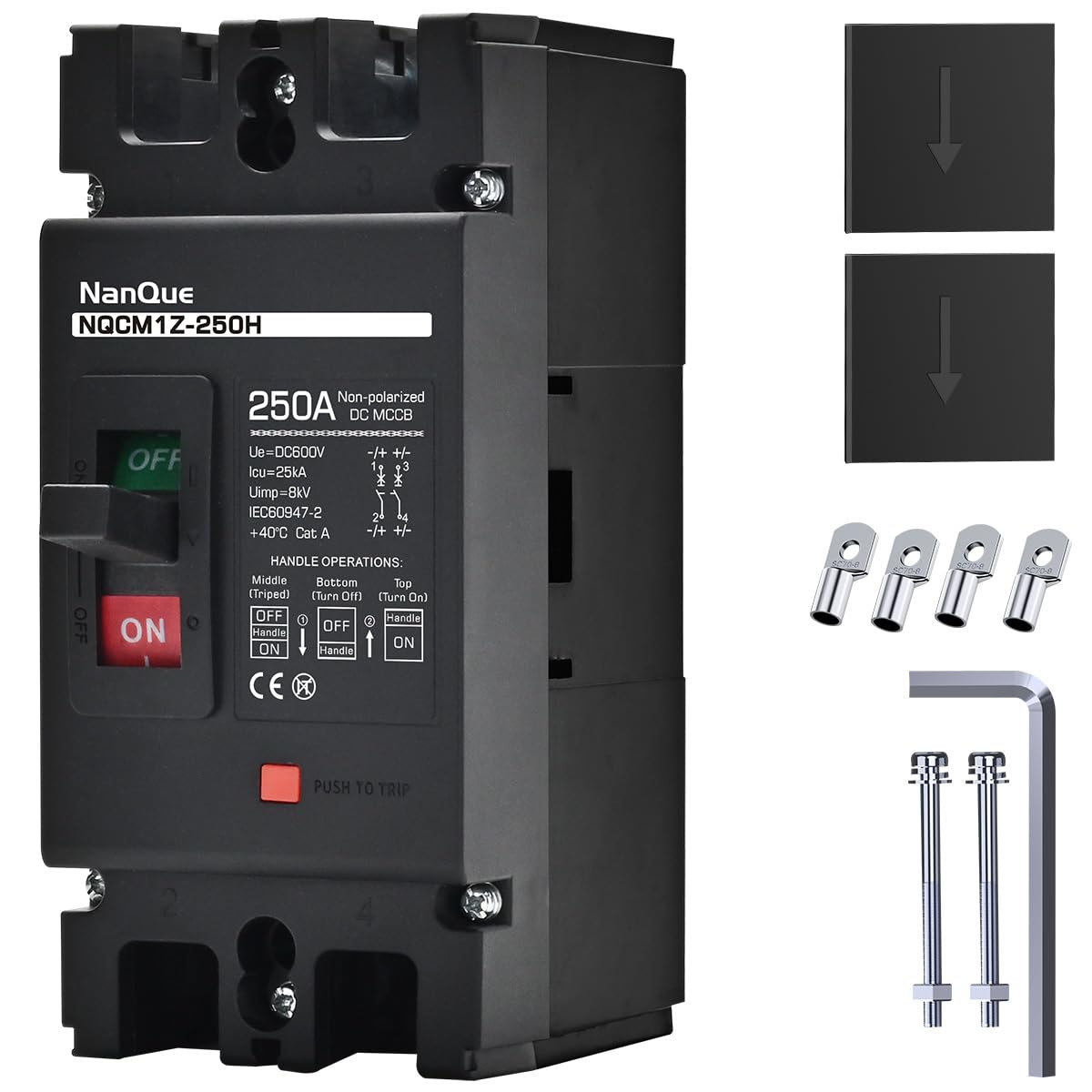 NanQue DC Solar Panel Circuit Breaker PV System Disconnect Switch and Protector 60-250 Amp 36-600 Voltage Automatic Cut Off Circuit 2 Poles Non-Polarized 25kA Recycle Use Fuse Siver Contactor (250A)