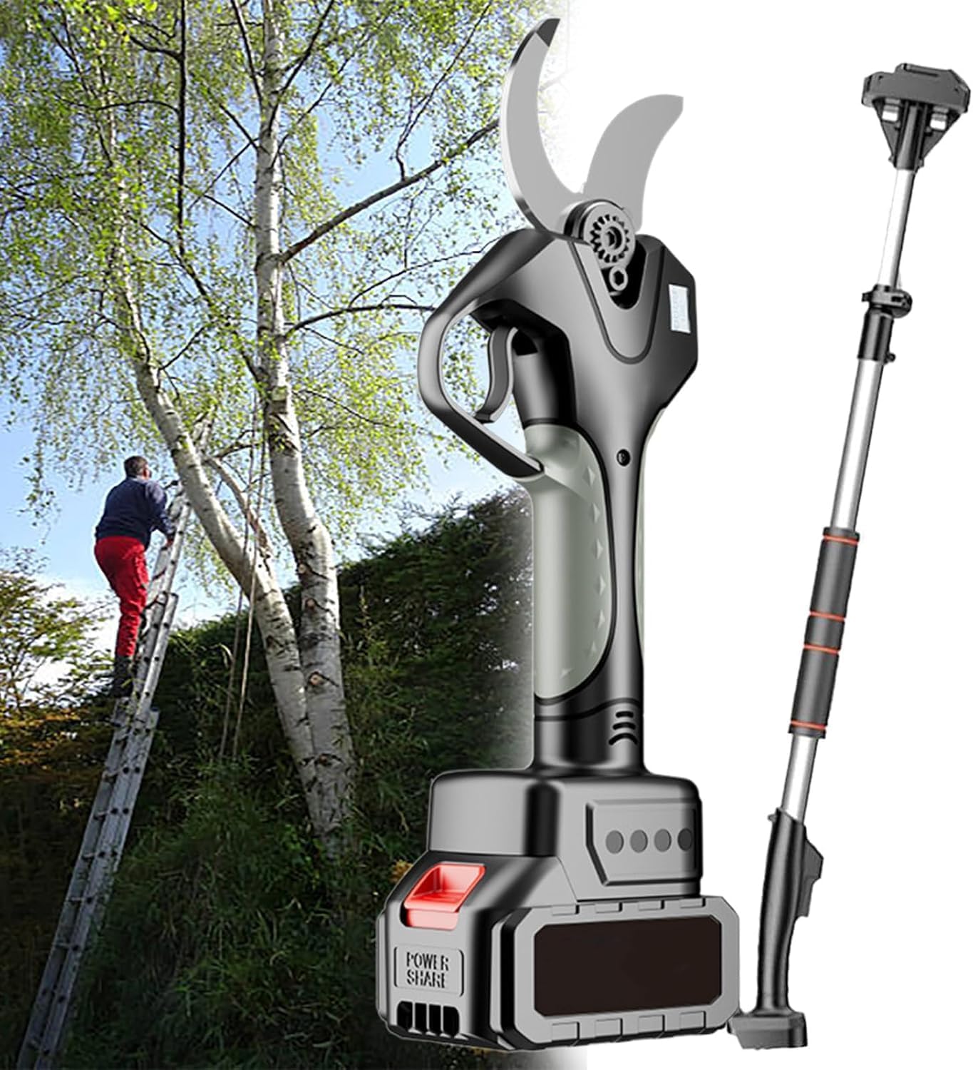 Electric Pruning Shears, Cutting 3 inch Diameter Professional Gardening Electric Shears, Heavy Duty Branch Pruner, 2 Pack Batteries, 4.2-7.1ft Scalable Extension Rod