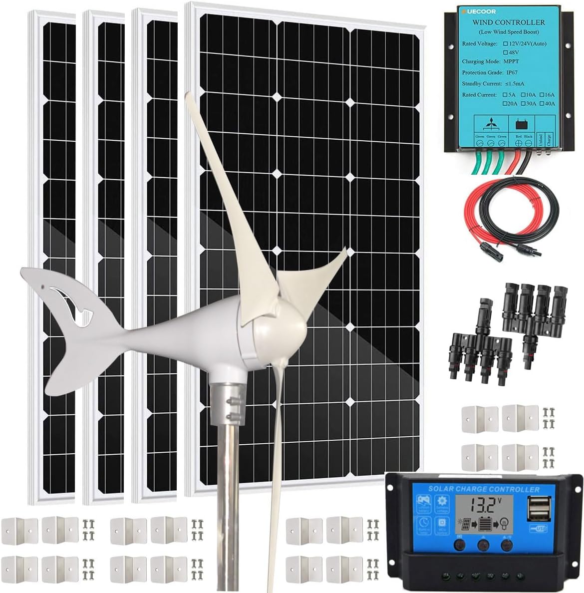 800 Watts 12 Volt Solar Wind Turbine Generator System Kit: 400 Watt Wind Turbine+ 4 * 100W Mono Solar Panel+ Solar Controller +Wind Controller and Accessories