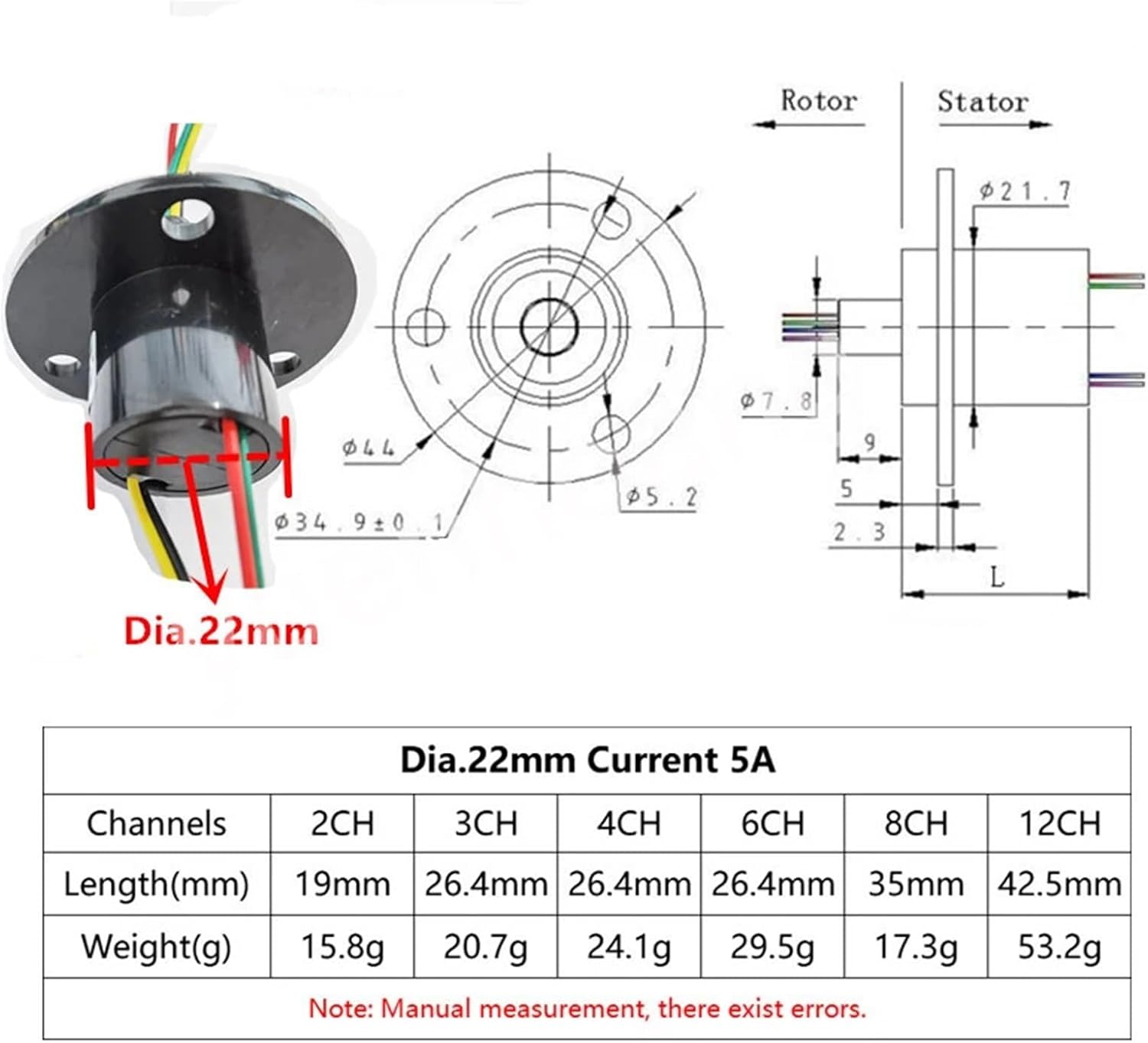 1PCS Dia 22mm 5A Wind Power Slip Ring 2/3/4/6/8/12CH Wind Energy Collector Ring Conductive Rotary Connection Slipring Joint(Dia 22mm 12CH 5A)